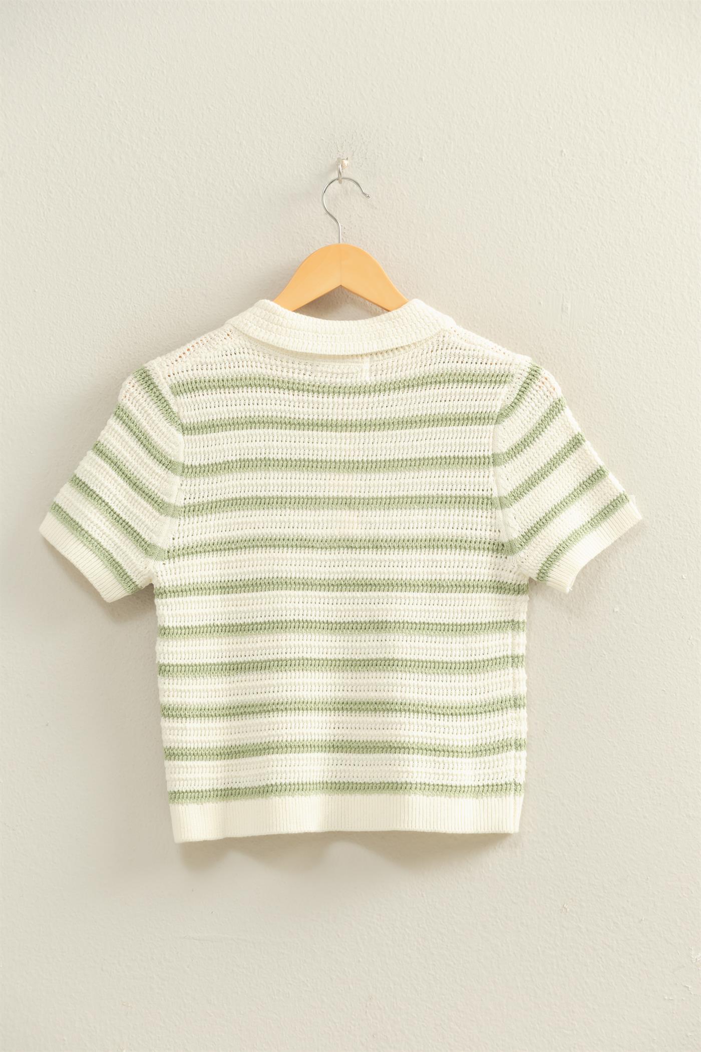 Wholesale Short Sleeve Striped Knit Polo Clothing Tops DZ26A603 SAGE GREEN DOUBLE ZERO