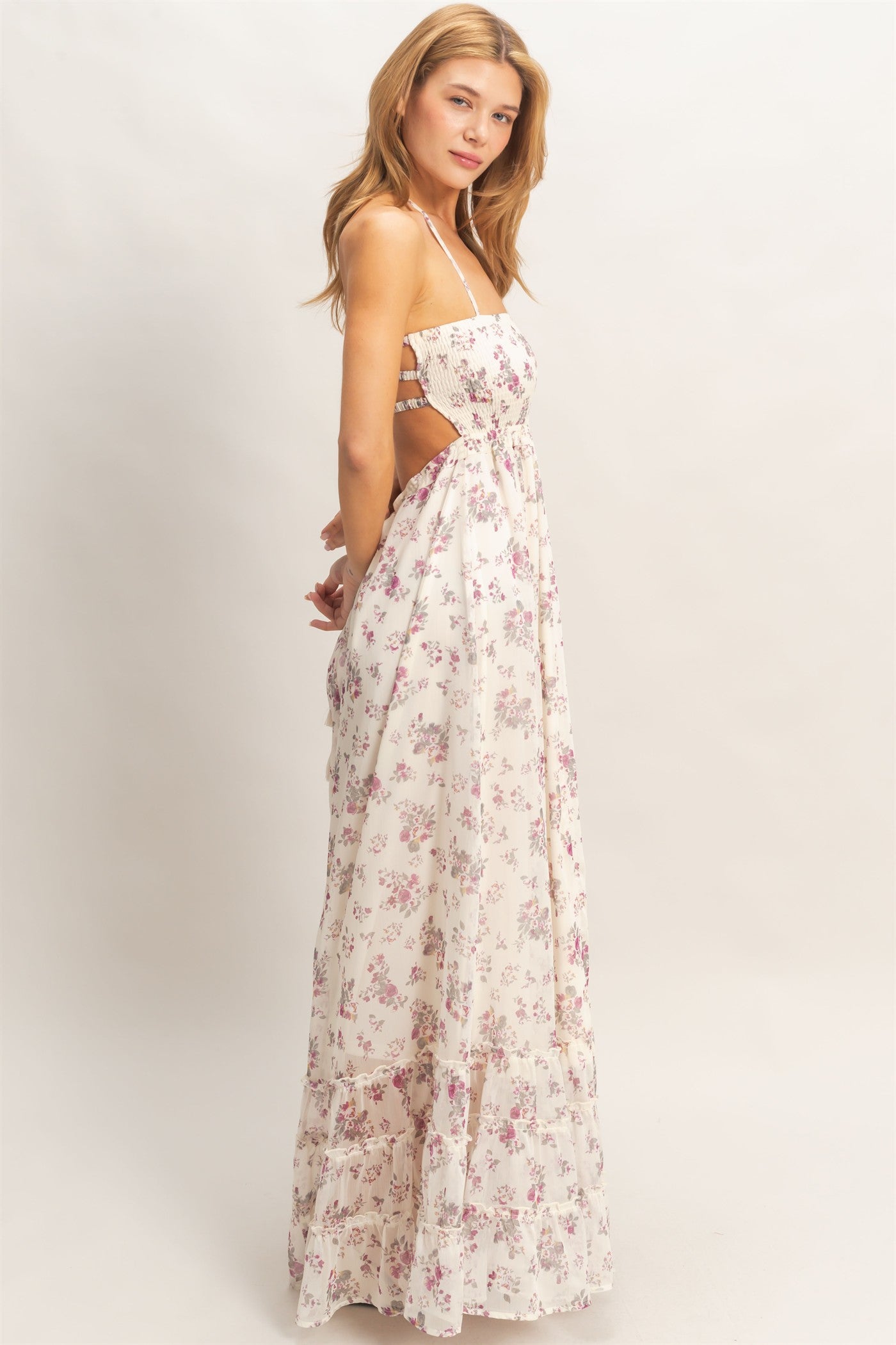 Wholesale Smocked Floral Maxi Dress Dresses HF26E648 ROSE WINE HYFVE