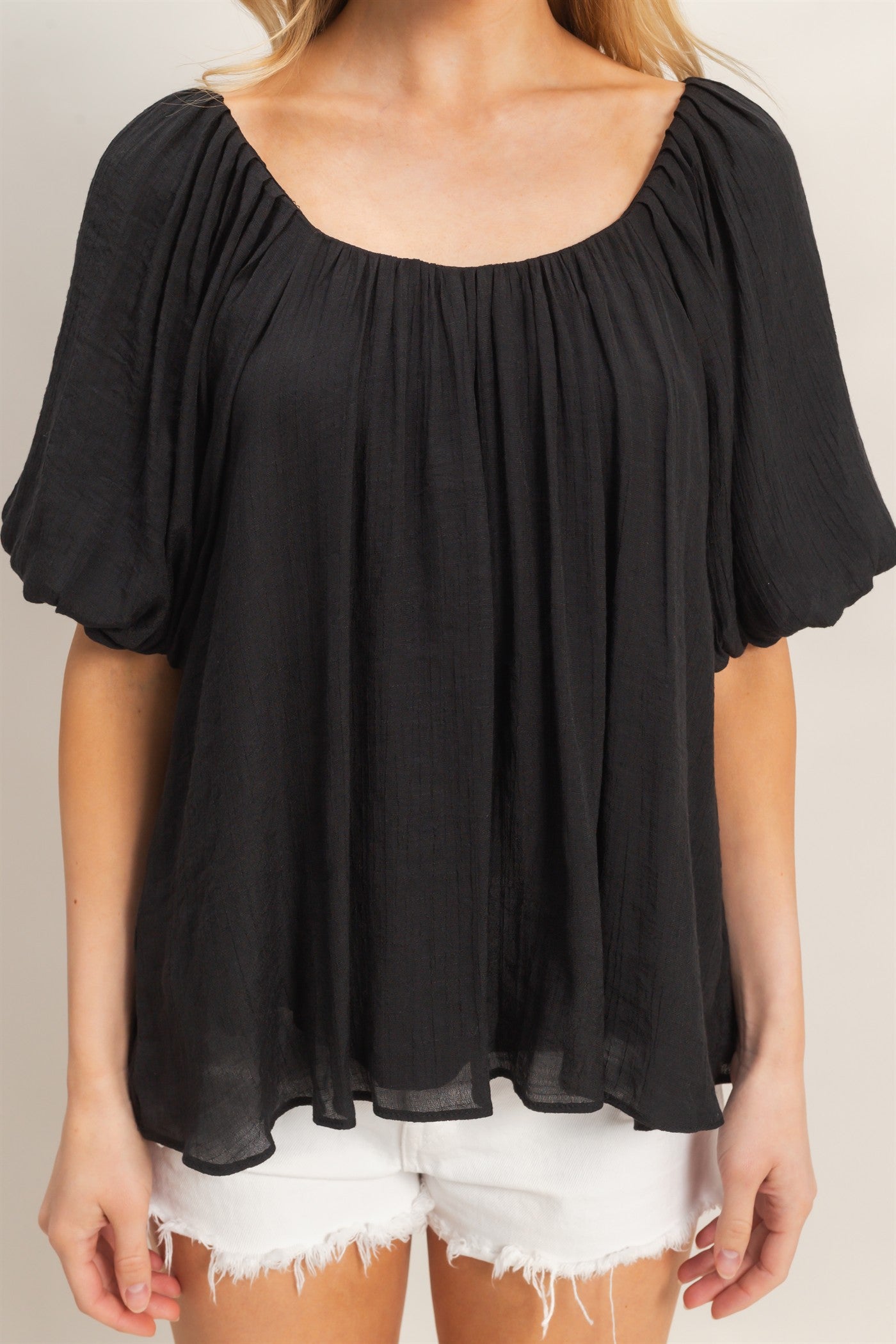 Wholesale Gathered Puff Sleeve Blouse Blouses HF26C307 BLACK HYFVE