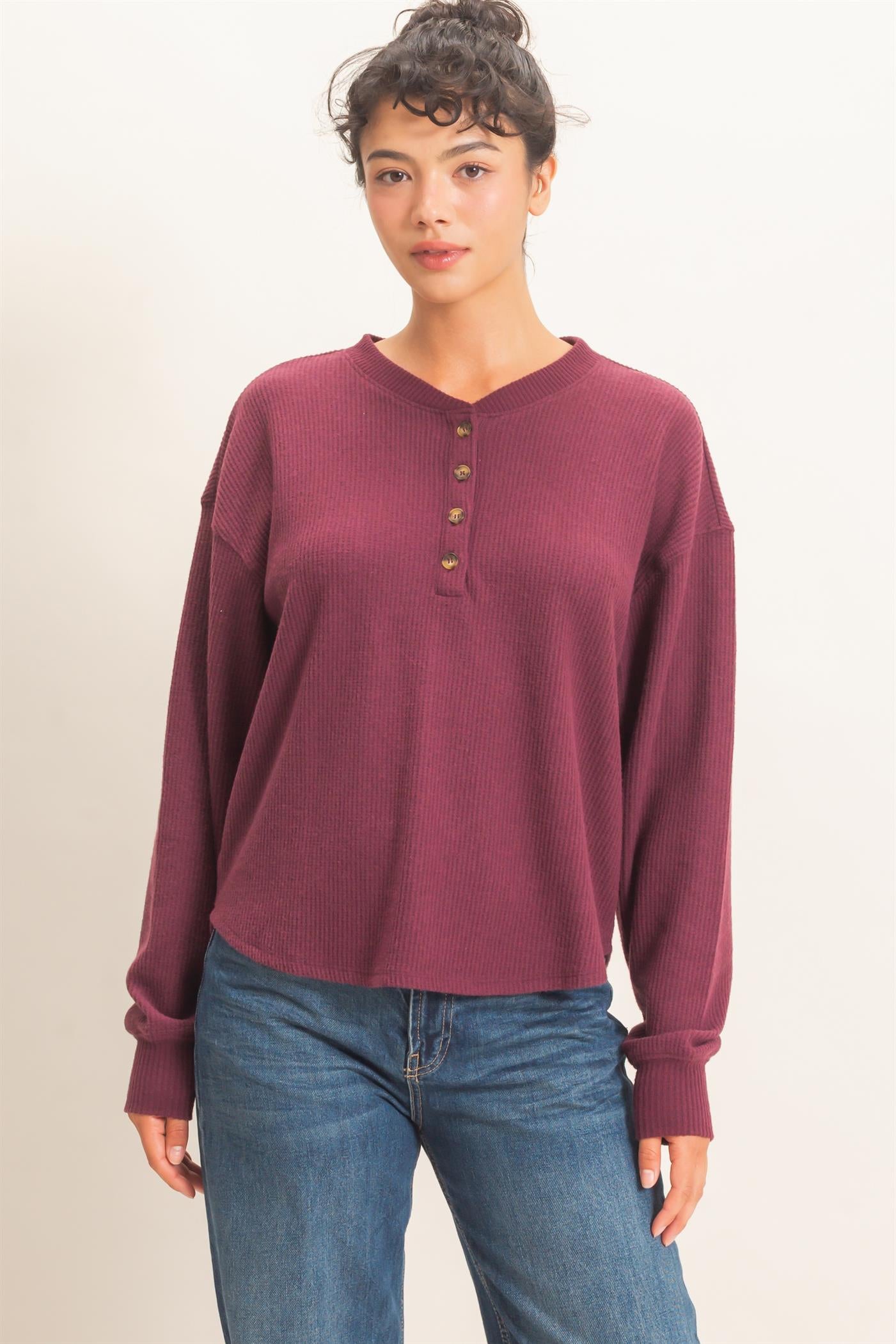 Wholesale Brushed Waffle Henley Top Clothing Tops DZ26F314 DARK CHERRY DOUBLE ZERO