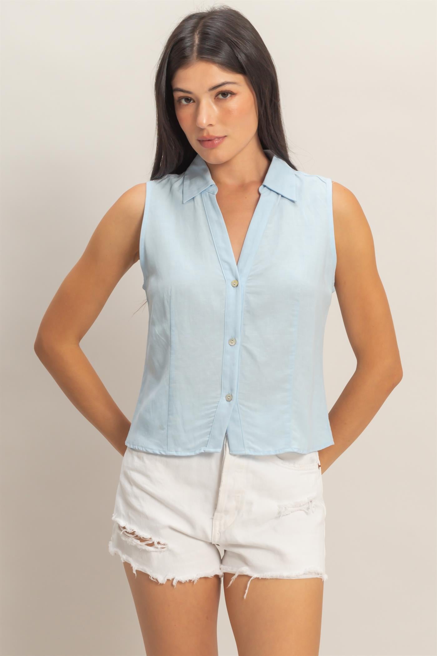 Wholesale Sleeveless Lyocell Linen Button Front Top Clothing Tops DZ26C189 ICE BLUE DOUBLE ZERO