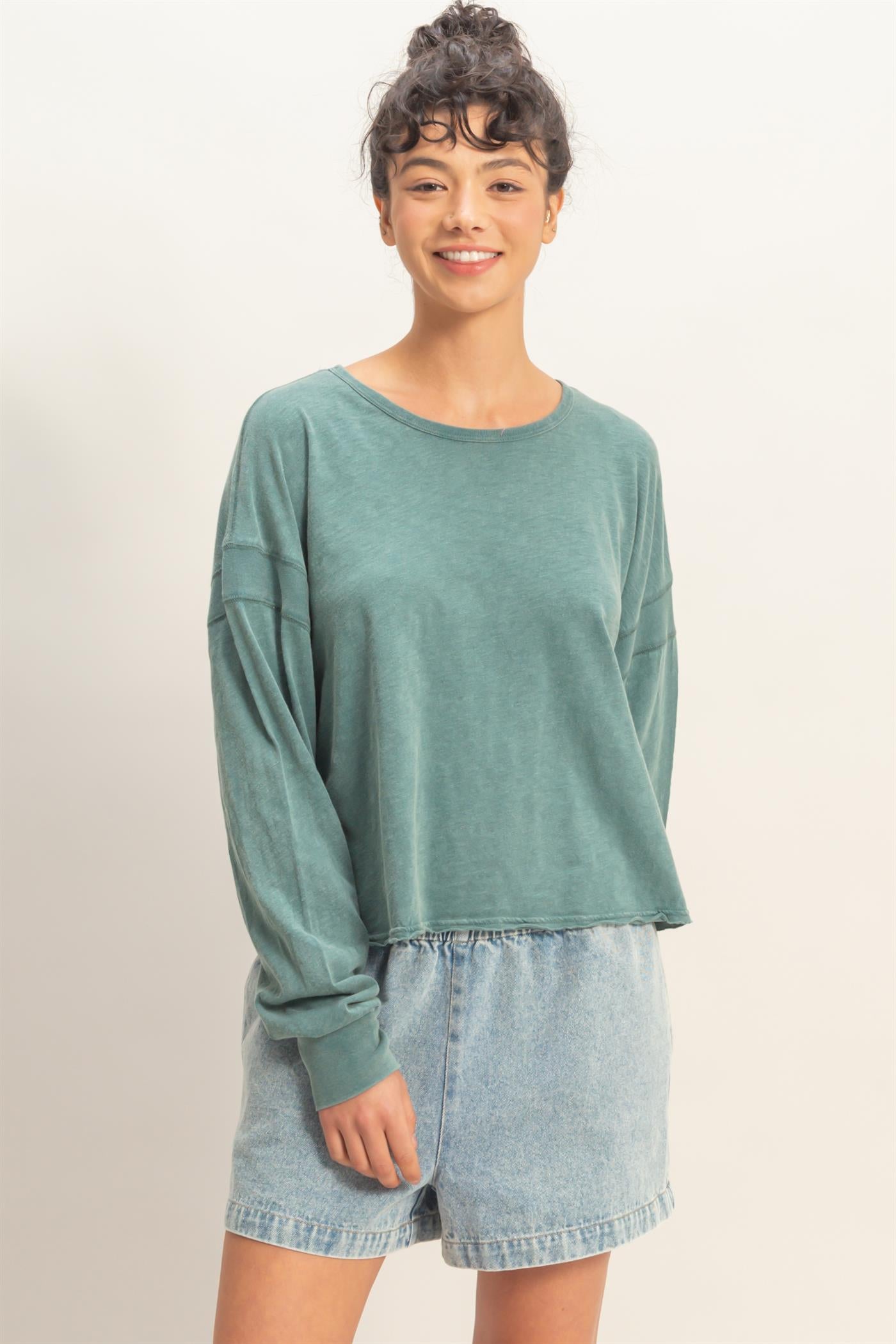 Wholesale Cross Detail Open Back Long-Sleeve Top Clothing Tops DZ26C731 DARK TEAL DOUBLE ZERO