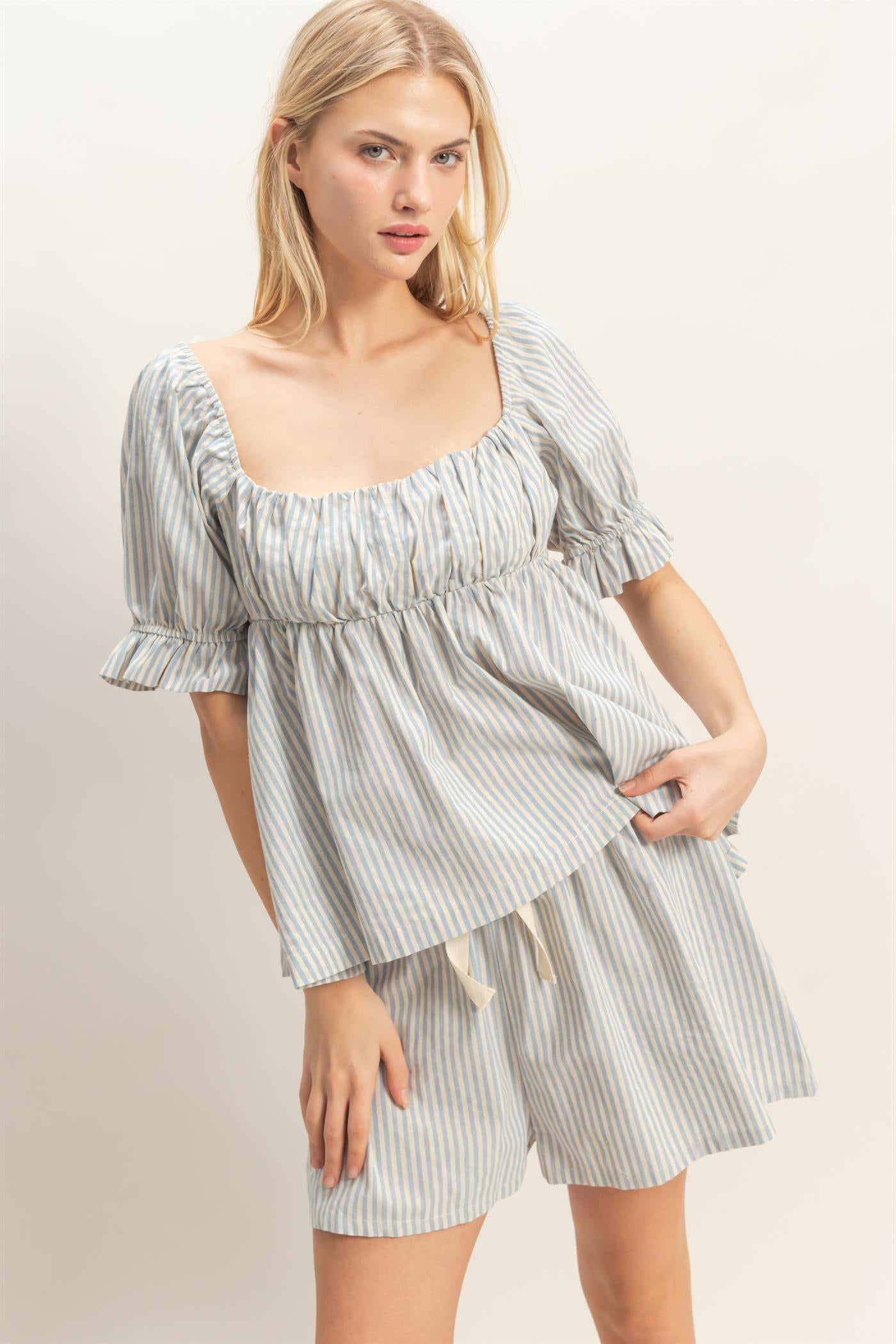 Wholesale Striped Square Neck Peplum Top Clothing Tops HF26E386 SKY BLUE HYFVE