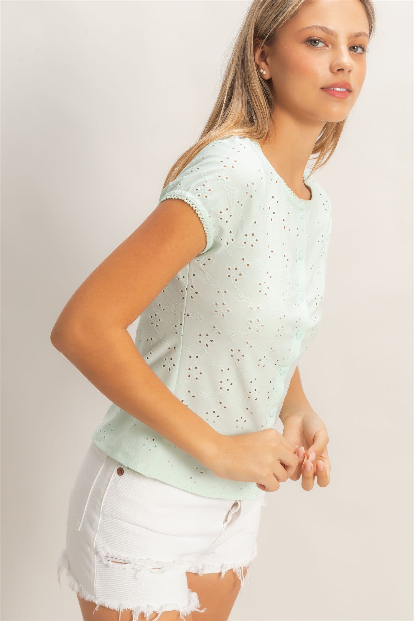 Wholesale Eyelet Button Front Knit Top Clothing Tops HF26C094 MINT HYFVE