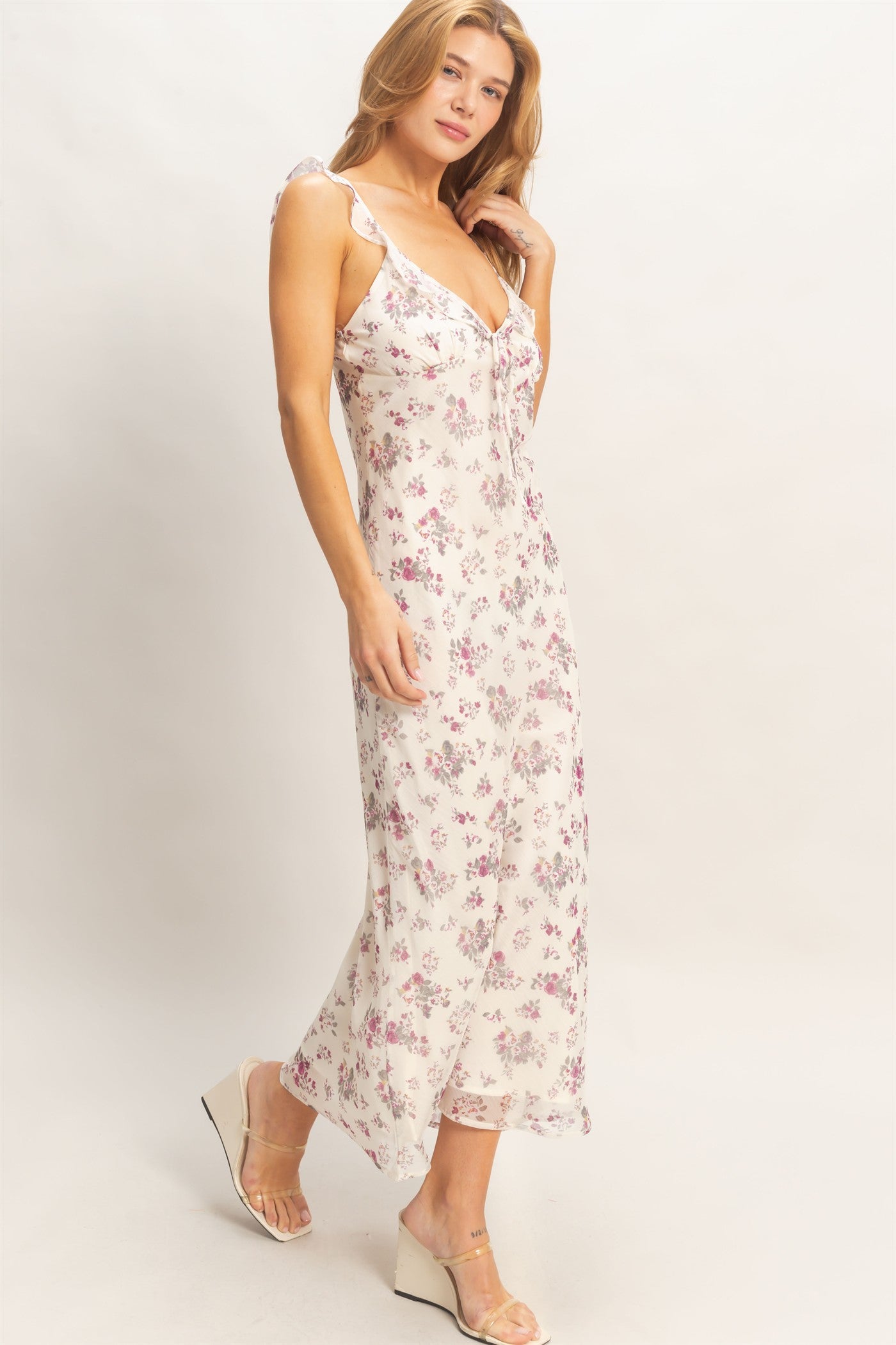 Wholesale Floral Ruffle Strap Midi Dress Dresses HF26E344 ROSE WINE HYFVE