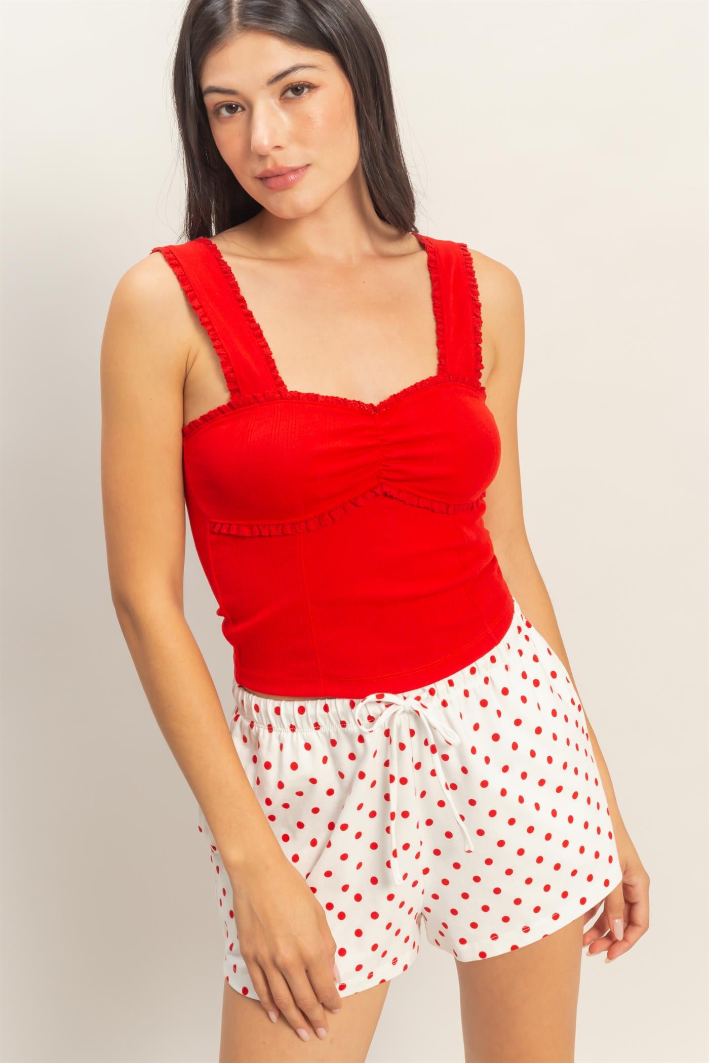 Wholesale Pointelle Shirred Trim Tank Top Clothing Tops DZ26A812 RED DOUBLE ZERO