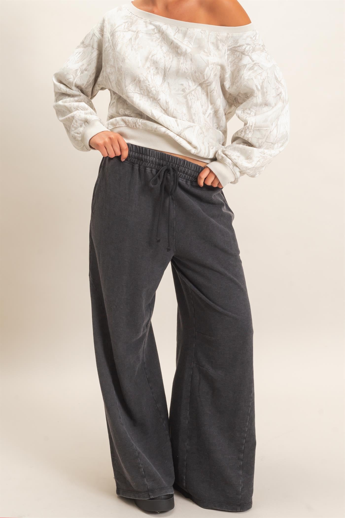 Wholesale Mineral Washed Wide Leg Pants Pants DZ26F082 BLACK DOUBLE ZERO
