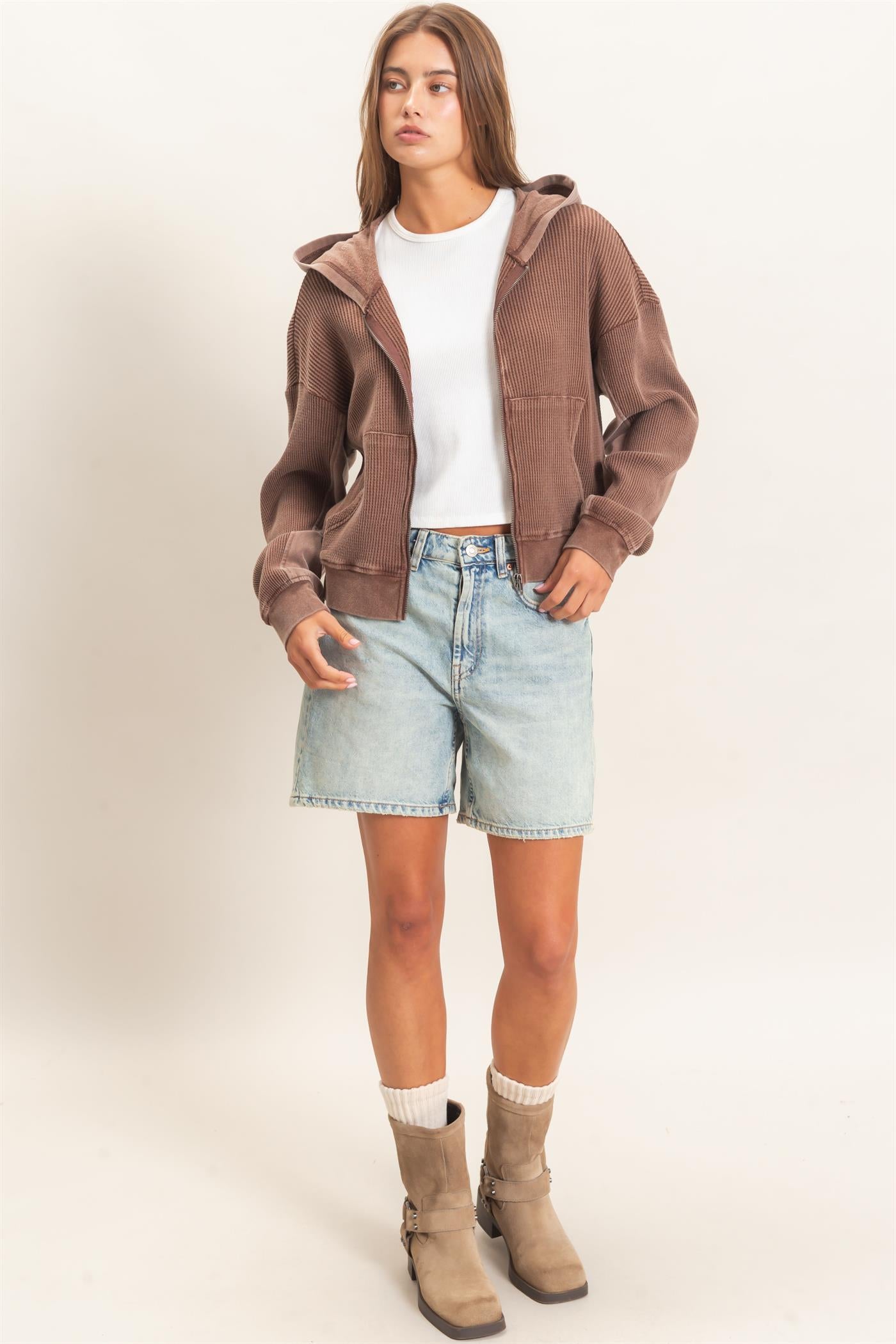 Wholesale Acid Wash Waffle Knit Zip-Up Hoodie Hoodies DZ26E401 DARK BROWN DOUBLE ZERO