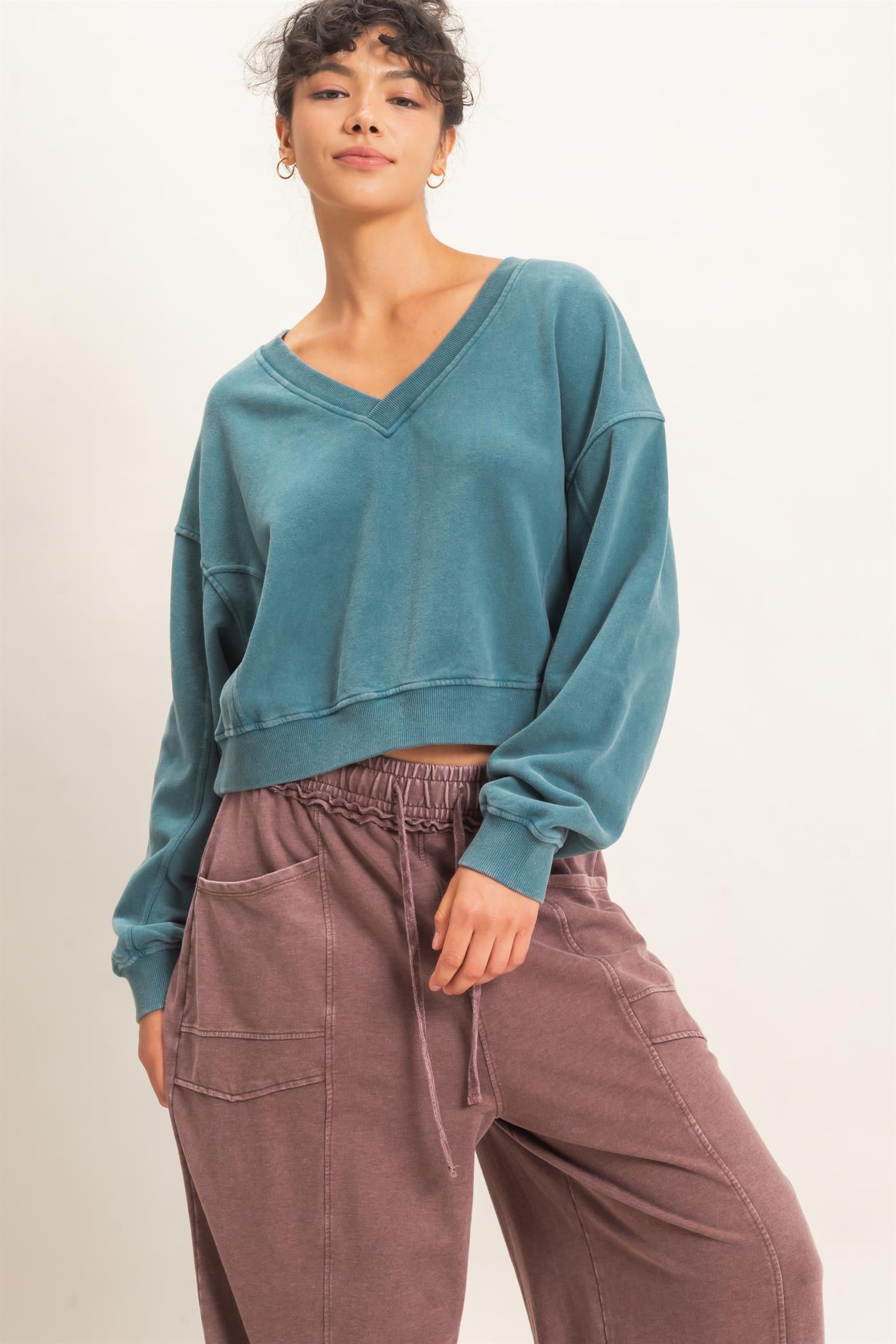 Wholesale Snow Wash V-Neck Sweatshirt Sweatshirts DZ26C844 DARK TEAL DOUBLE ZERO