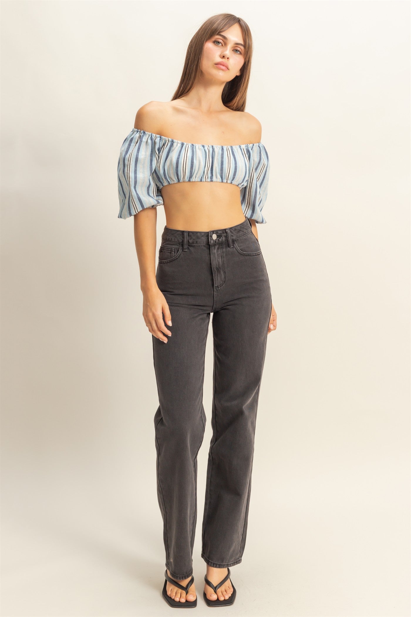Wholesale Striped Off-Shoulder Crop Top Clothing Tops HF22C614 BLUE HYFVE