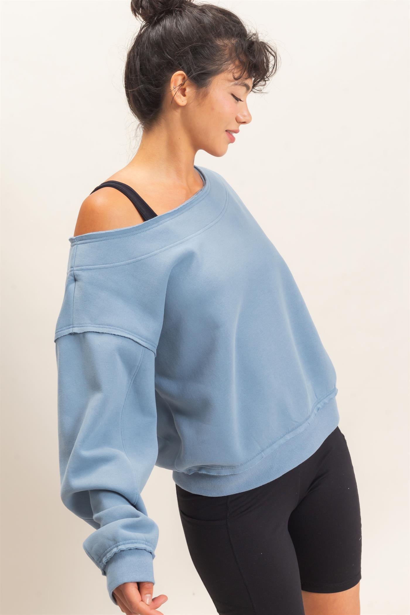 Wholesale Off Shoulder Sweatshirt Sweatshirts DZ26C880 DUSTY BLUE DOUBLE ZERO