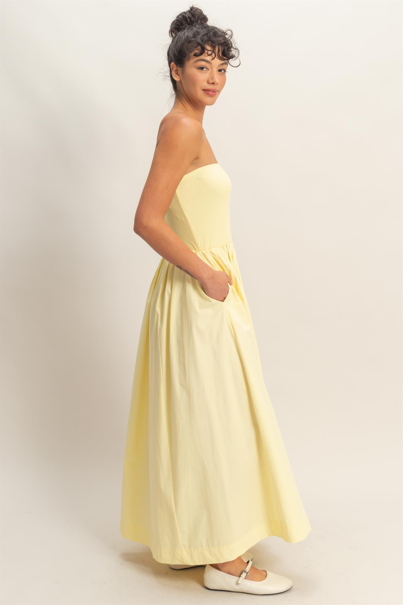 Wholesale Strapless Flowy Midi Dress Dresses DZ26A744 PALE YELLOW DOUBLE ZERO