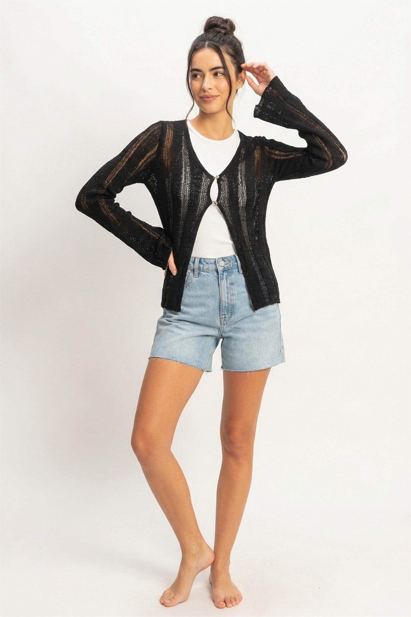 Wholesale Open Knit Cardigan Clothing Tops DZ24A501 BLACK DOUBLE ZERO