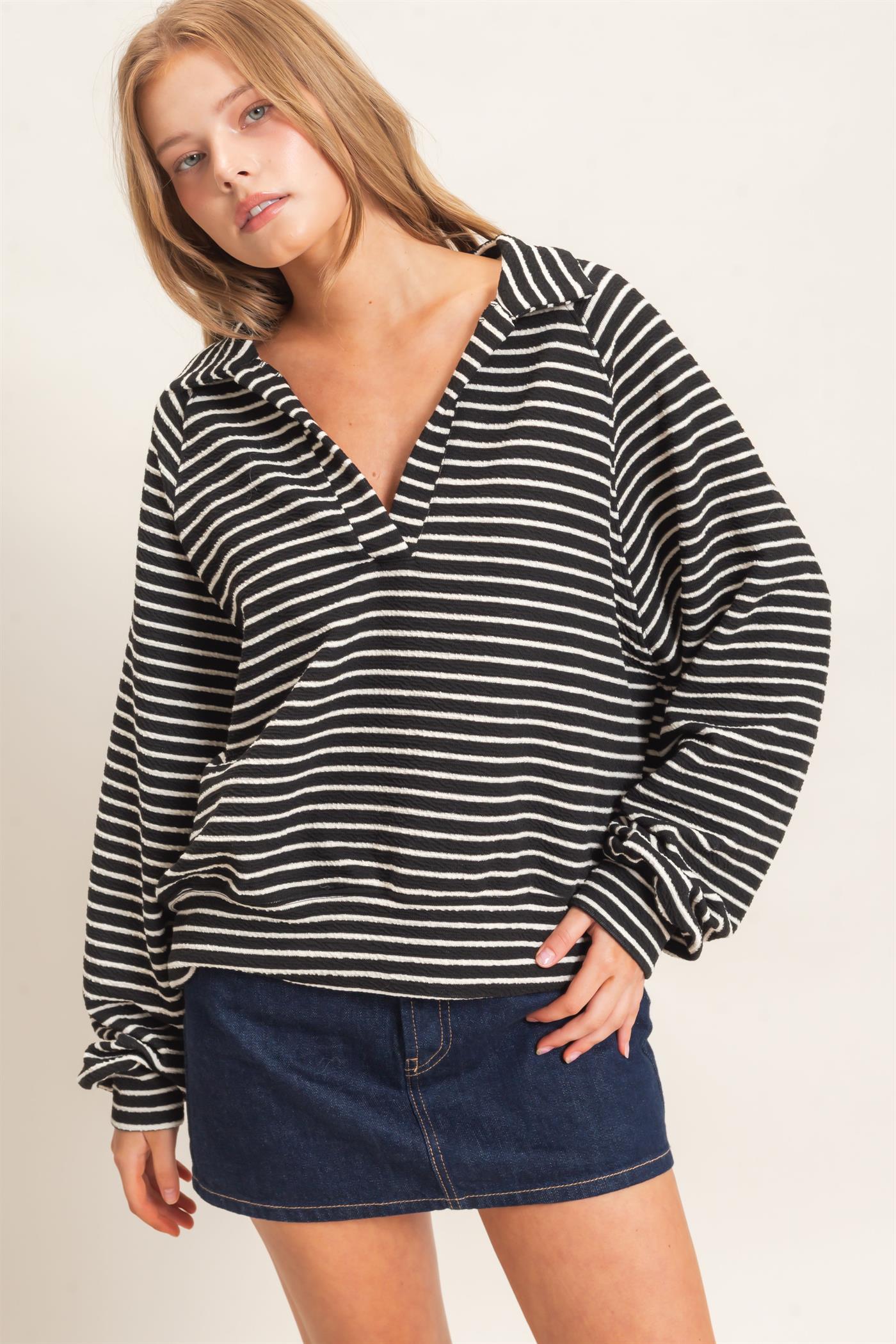 Wholesale Striped Collared Sweatshirt Sweatshirts HF26F095 BLACK HYFVE