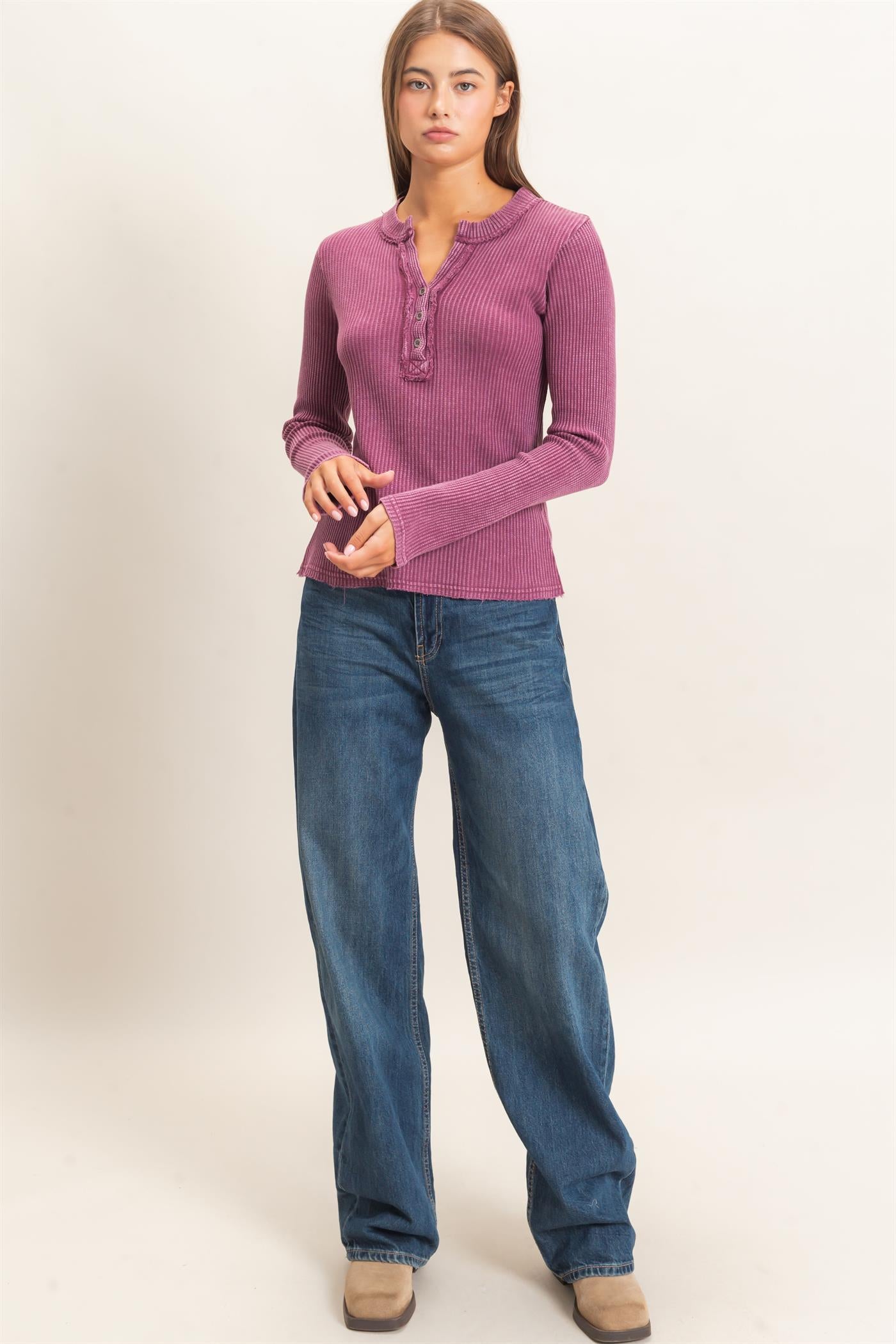 Wholesale Mineral Wash Waffle Henley Long Sleeve Top Clothing Tops DZ26E243 DARK CHERRY DOUBLE ZERO
