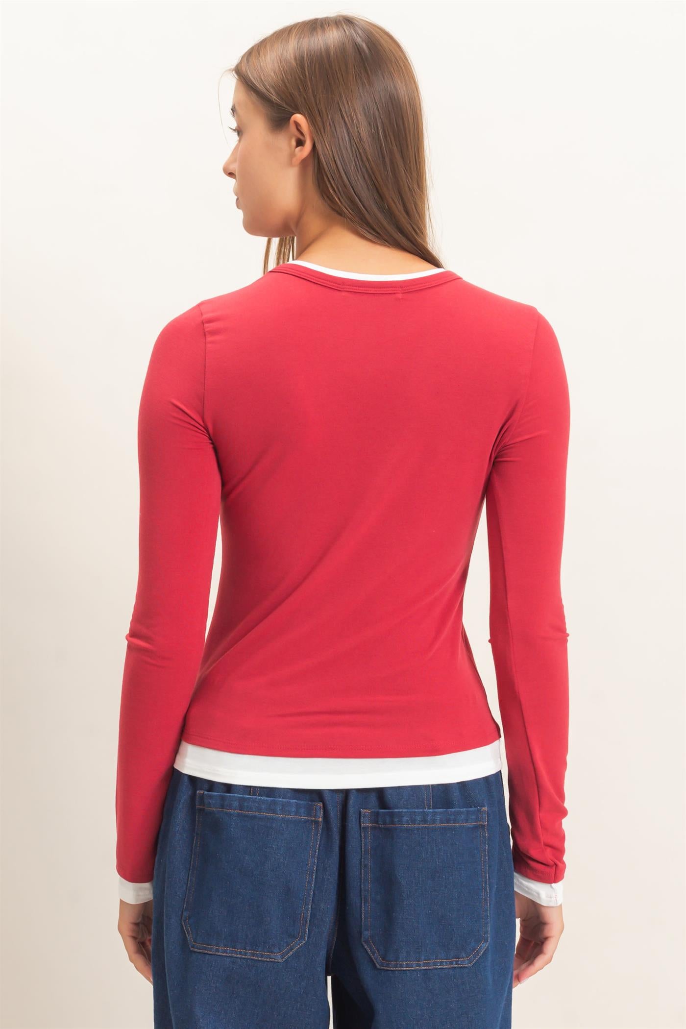 Wholesale Layered Effect Long Sleeve Top Clothing Tops DZ26F341 DARK RED DOUBLE ZERO