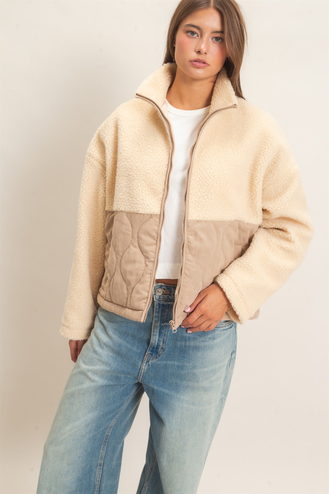 Wholesale Quilted Sherpa Zip Up Jacket Coats & Jackets DZ26F259 TAUPE DOUBLE ZERO