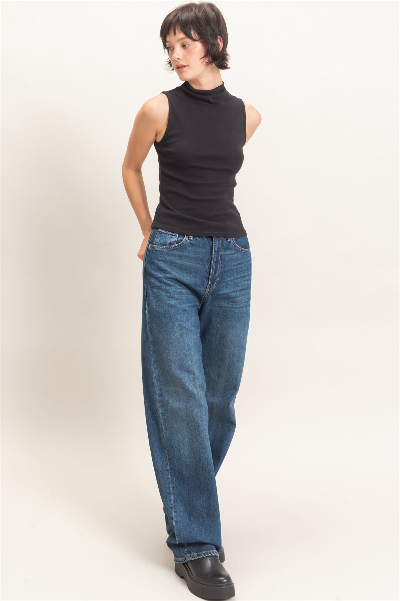 Wholesale Sleeveless Mock Neck Top Clothing Tops DZ26E397 BLACK DOUBLE ZERO