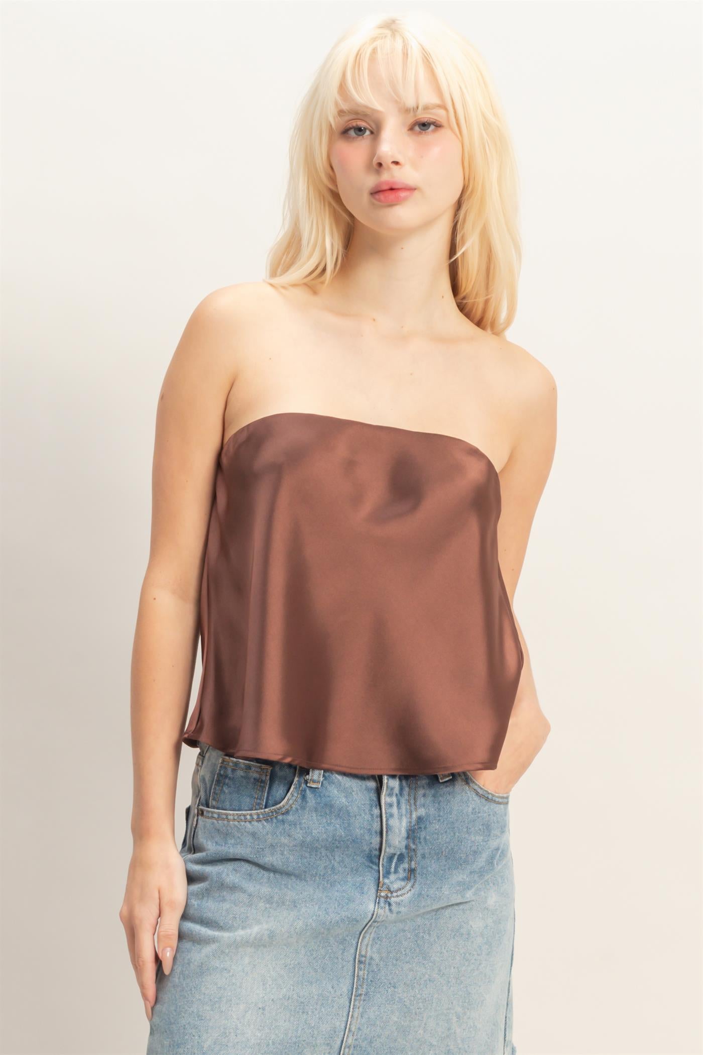 Wholesale Satin Strapless Tube Top Clothing Tops DZ26C398 CHOCOLATE DOUBLE ZERO