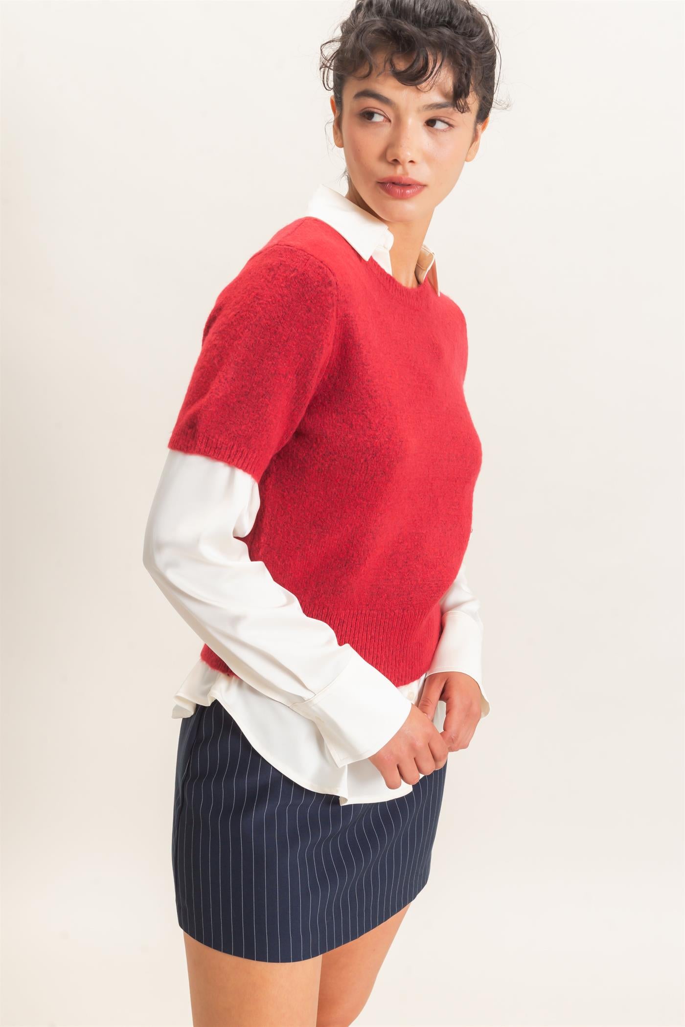 Wholesale Crew Neck Short Sleeve Knit Top Clothing Tops DZ26E944 DARK RED DOUBLE ZERO