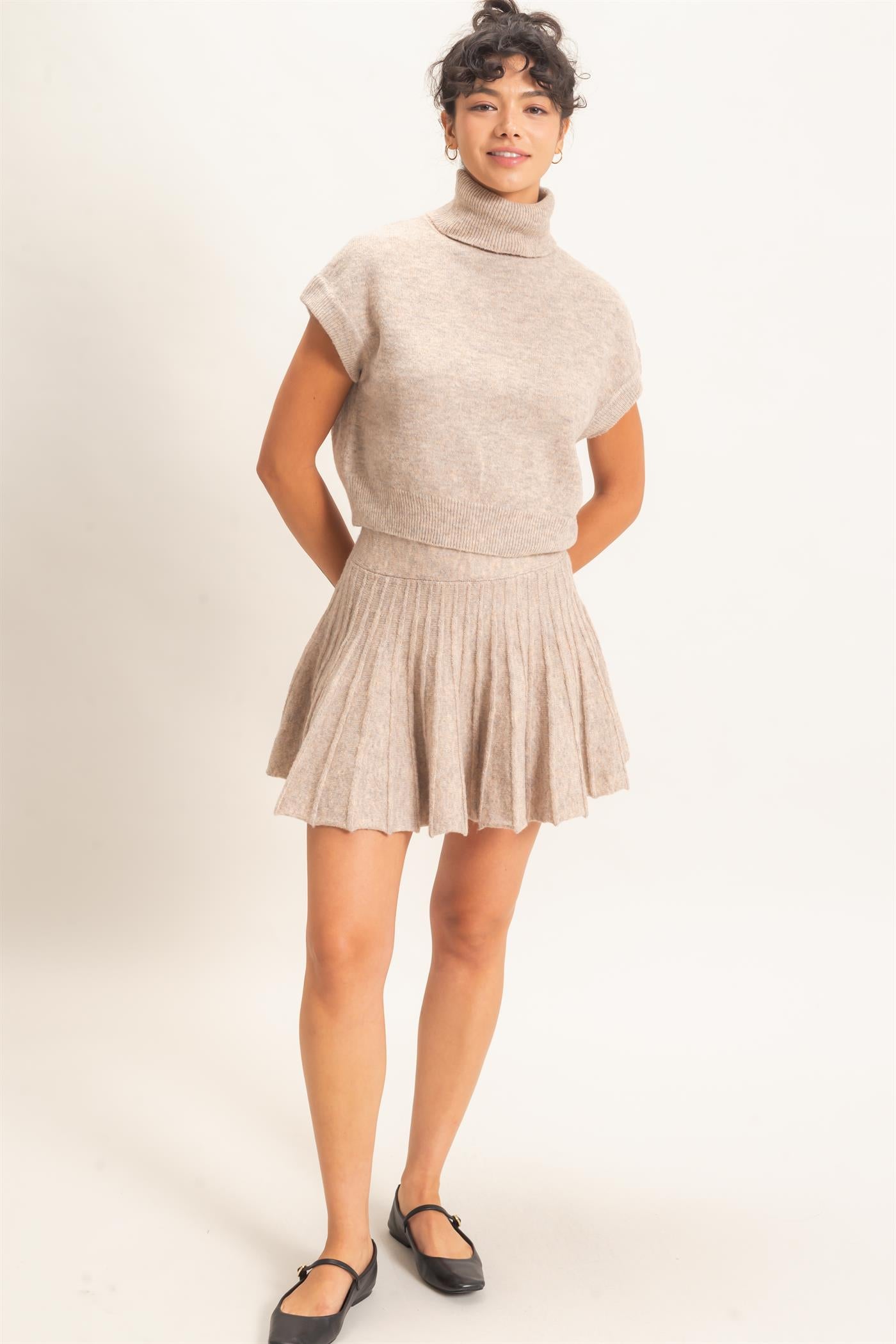 Wholesale Turtleneck Crop Top And Pleated Skirt Set Clothing DZ26C981-SET DARK TAUPE DOUBLE ZERO