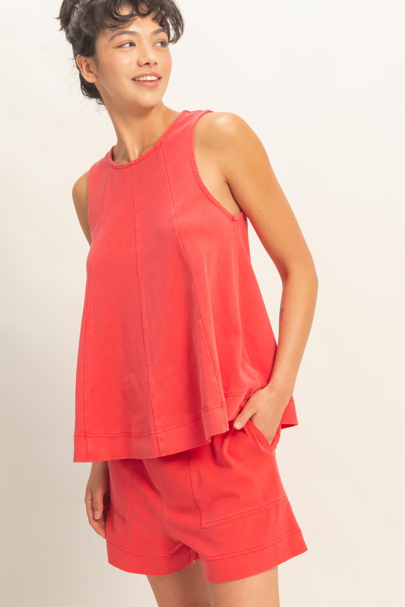 Wholesale Sleeveless Round Neck Top & Shorts Set Clothing DZ26C730-SET RED DOUBLE ZERO