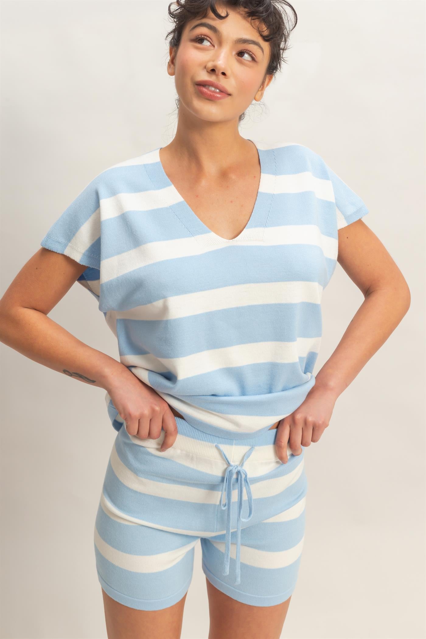 Wholesale V-Neck Top & Striped Shorts Set Clothing HF26A323-SET BLUE HYFVE
