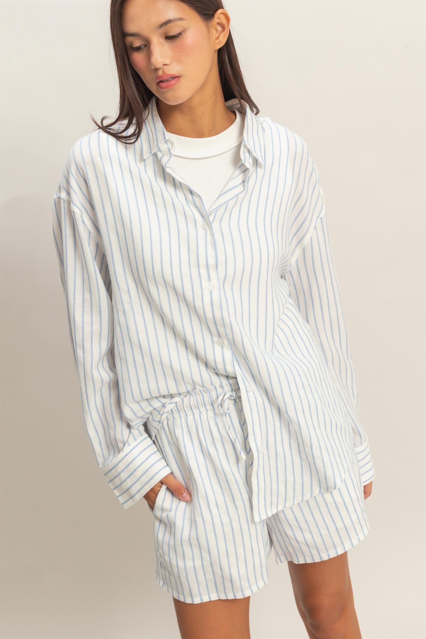 Wholesale Striped Button-Up Shirt Shirts DZ26C413 BLUE DOUBLE ZERO
