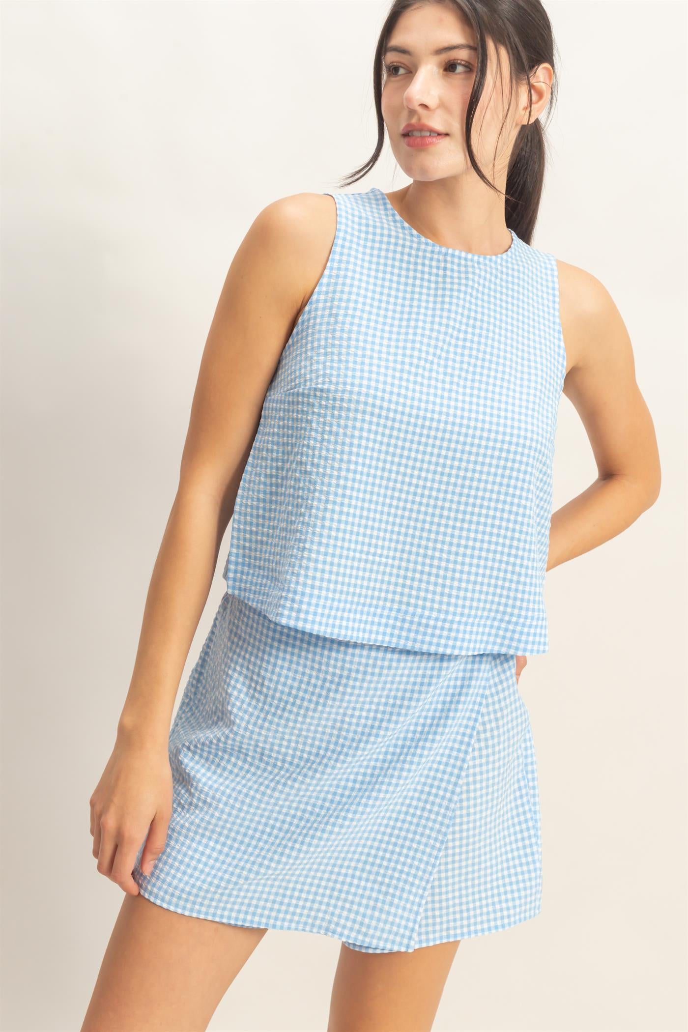 Wholesale Gingham Checkered Sleeveless Top And Skort Set Clothing DZ26C688-SET BLUE DOUBLE ZERO