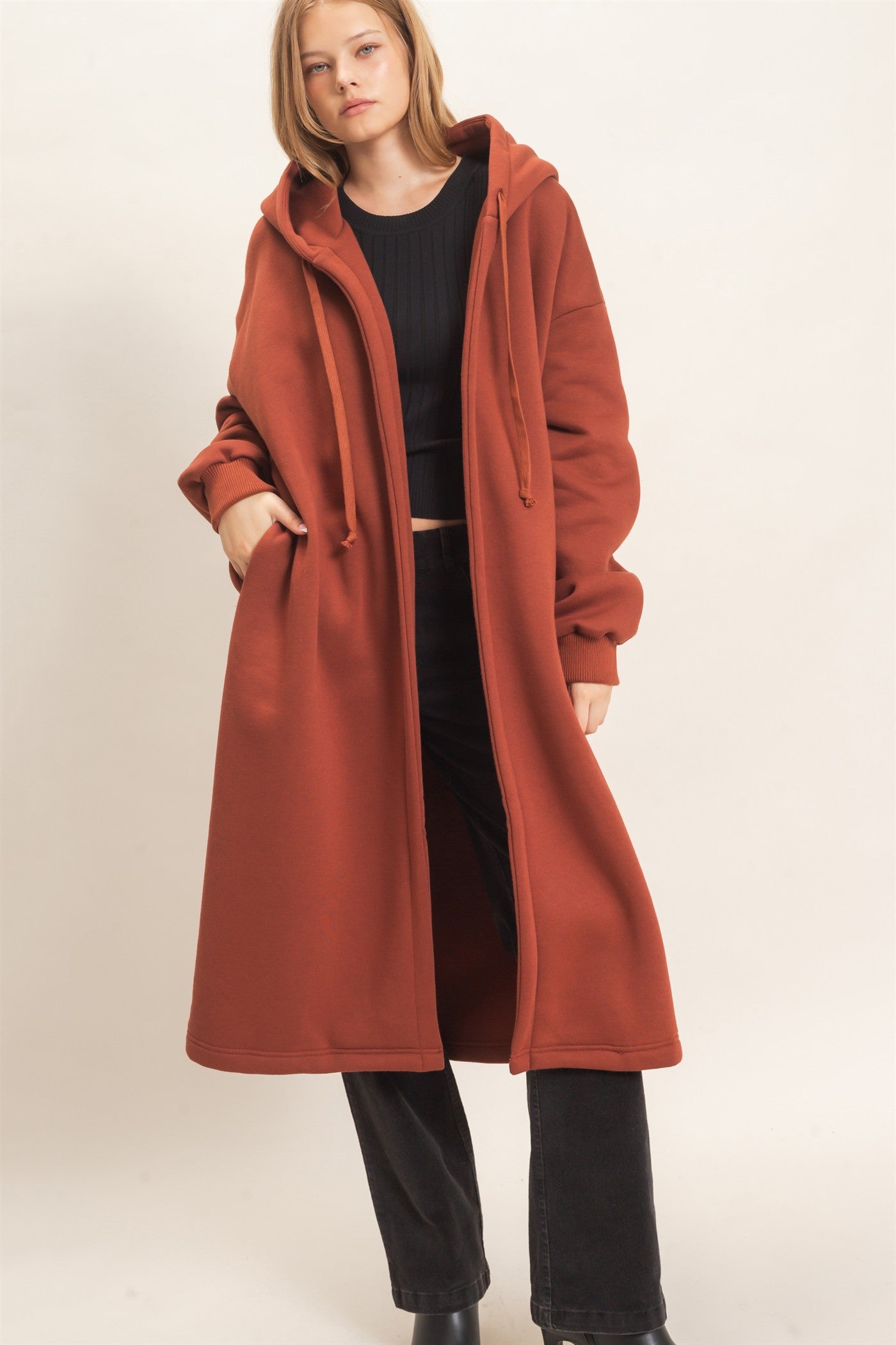 Wholesale Oversized Hooded Open Front Coat Coats & Jackets HF26F142-D BRICK HYFVE