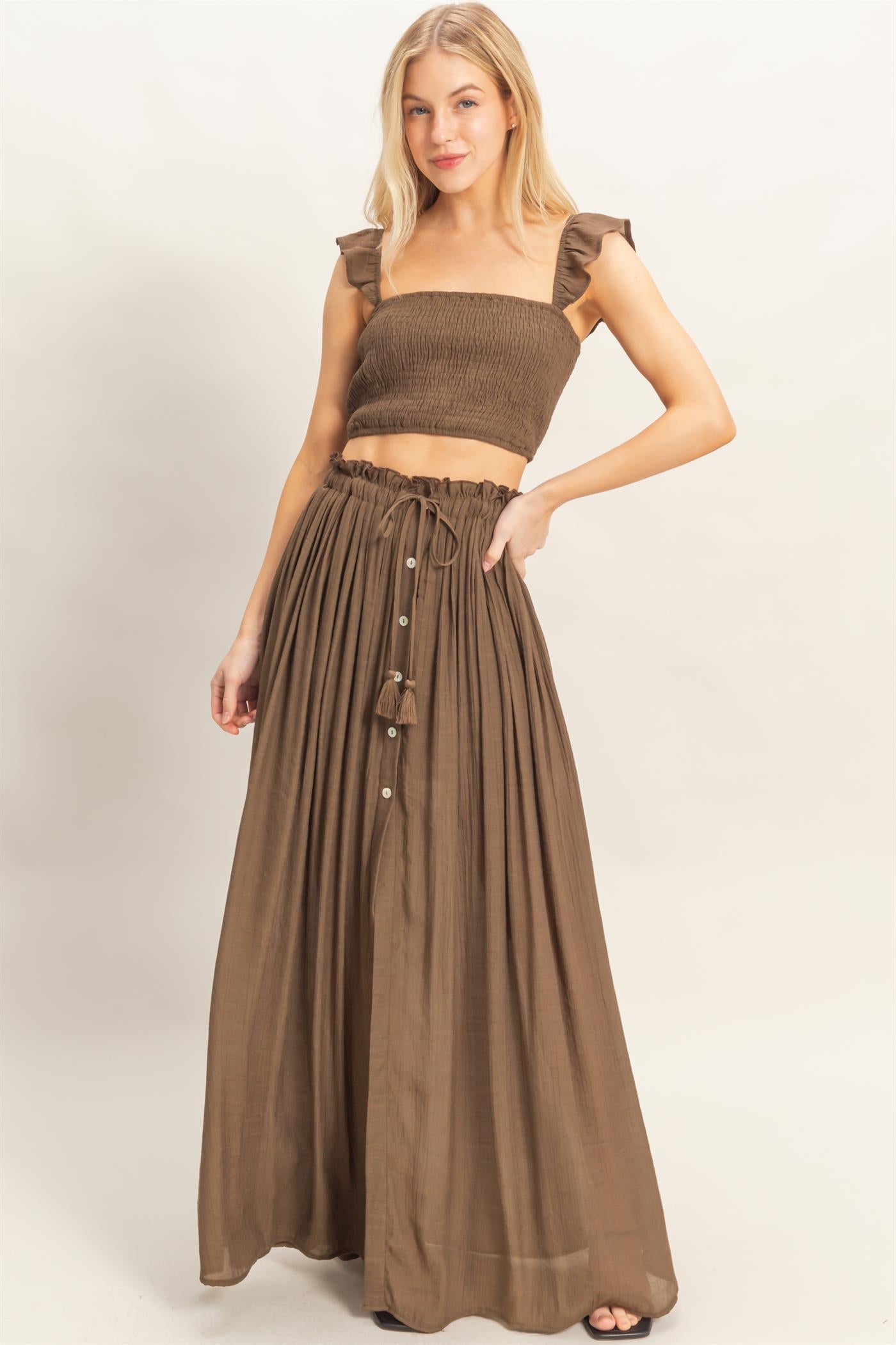 Wholesale Smocked Top & Maxi Skirt Set Clothing HF26C292-SET-D CHOCOLATE HYFVE