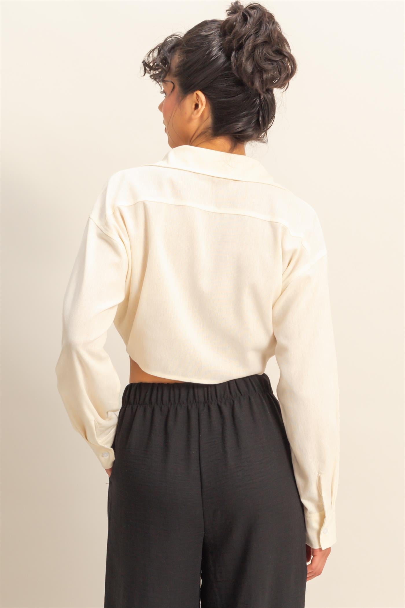 Wholesale Sand Washed Tie Front Crop Top Blouses DZ24C963 WHITE DOUBLE ZERO