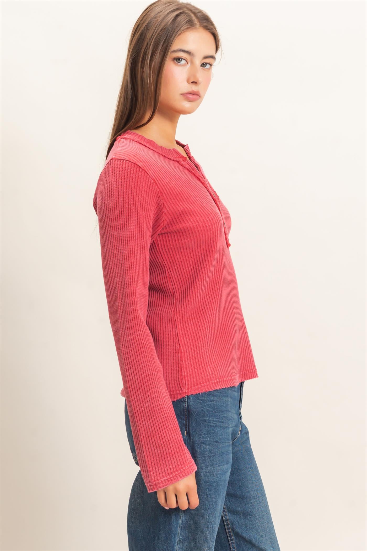 Wholesale Mineral Wash Waffle Henley Long Sleeve Top Clothing Tops DZ26E243 DARK RED DOUBLE ZERO