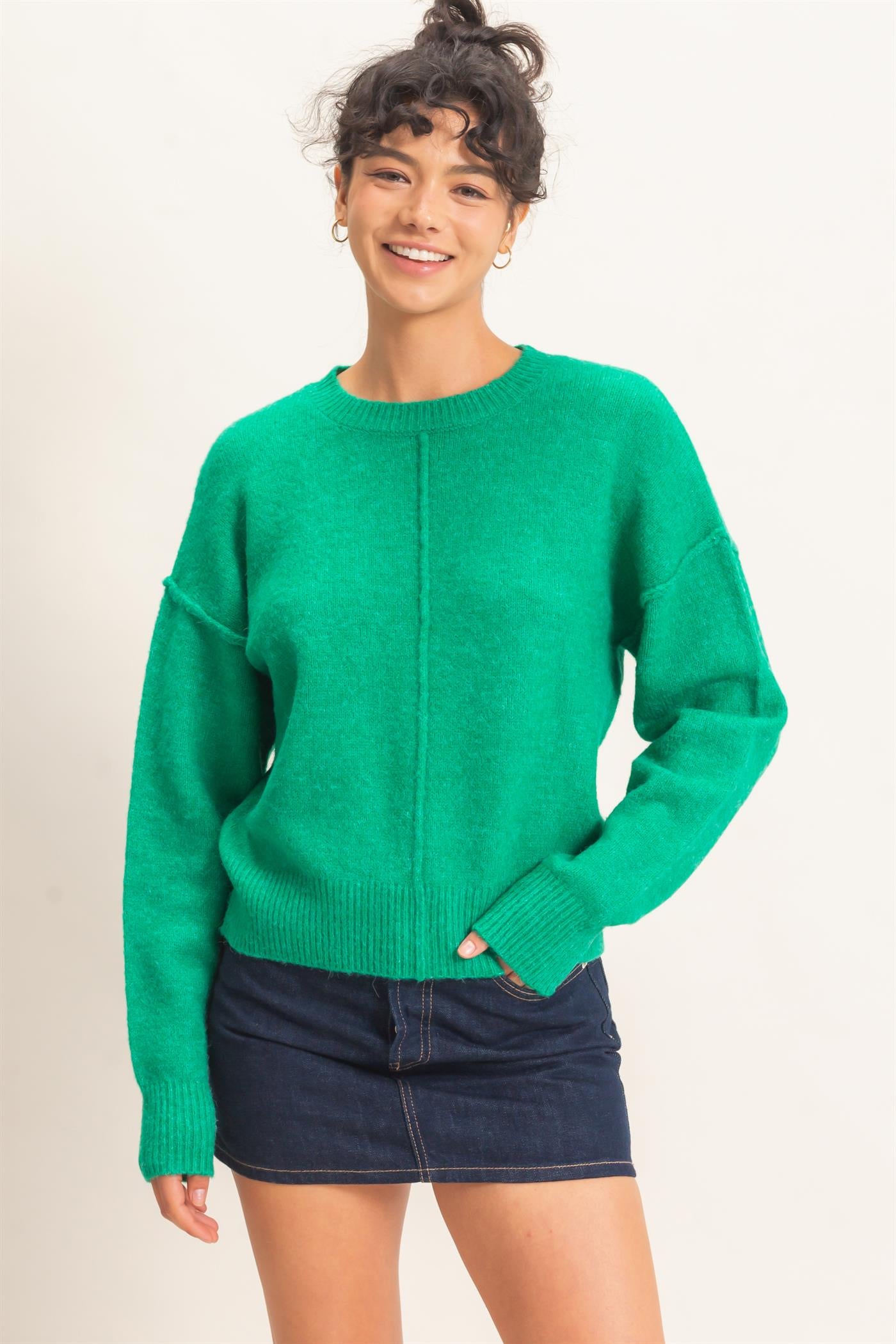 Wholesale Crew Neck Seam Detail Sweater Sweaters DZ26E240 EMERALD DOUBLE ZERO