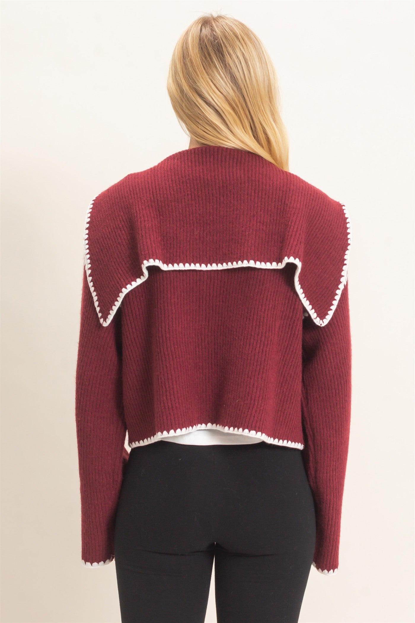 Wholesale Collared Cardigan Sweater With Picot Trim Cardigans HF26E897 MERLOT HYFVE