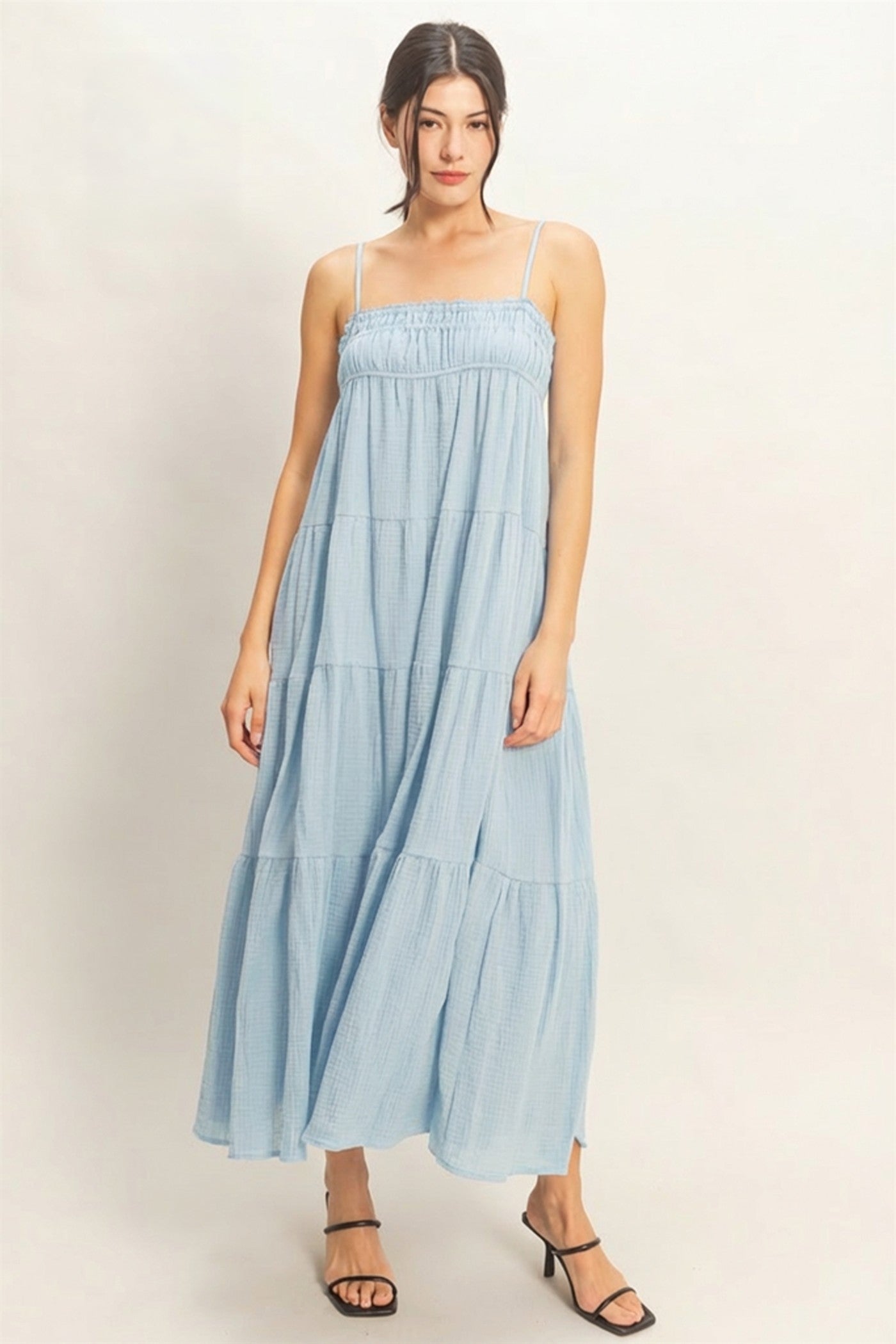 Wholesale Smocked Tiered Maxi Dress Dresses HF26C303 LIGHT BLUE HYFVE