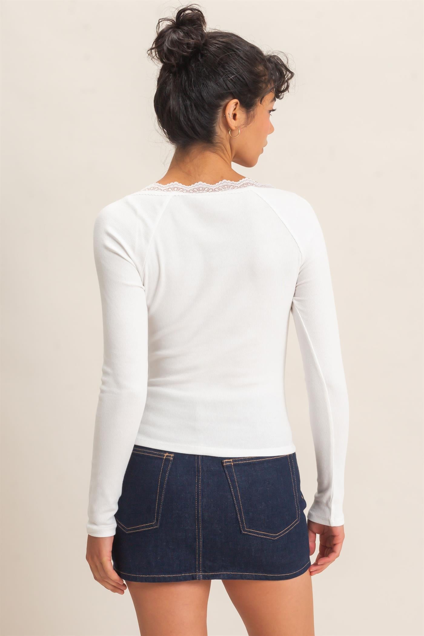 Wholesale Lace-Trim Henley Top Clothing Tops DZ26E325 WHITE DOUBLE ZERO