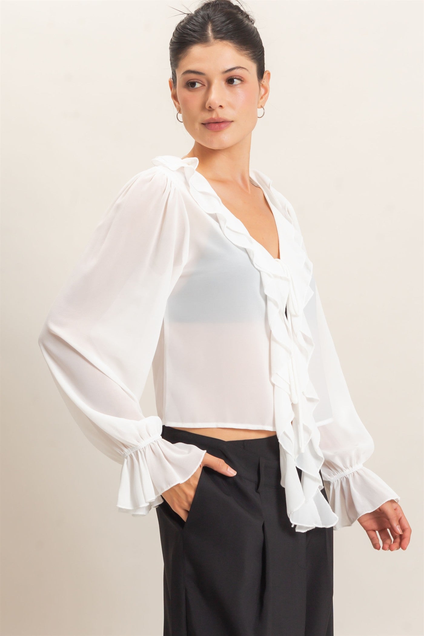 Wholesale Ruffled V-Neck Blouse Blouses HF26F066 OFF WHITE HYFVE