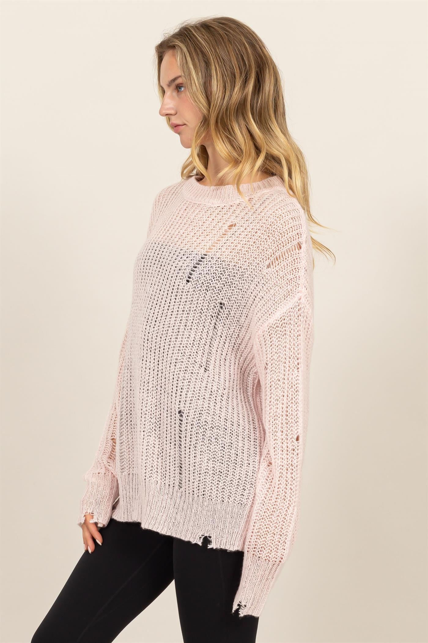 Wholesale Distressed Knit Sweater Sweaters DZ23F192 PALE PINK DOUBLE ZERO