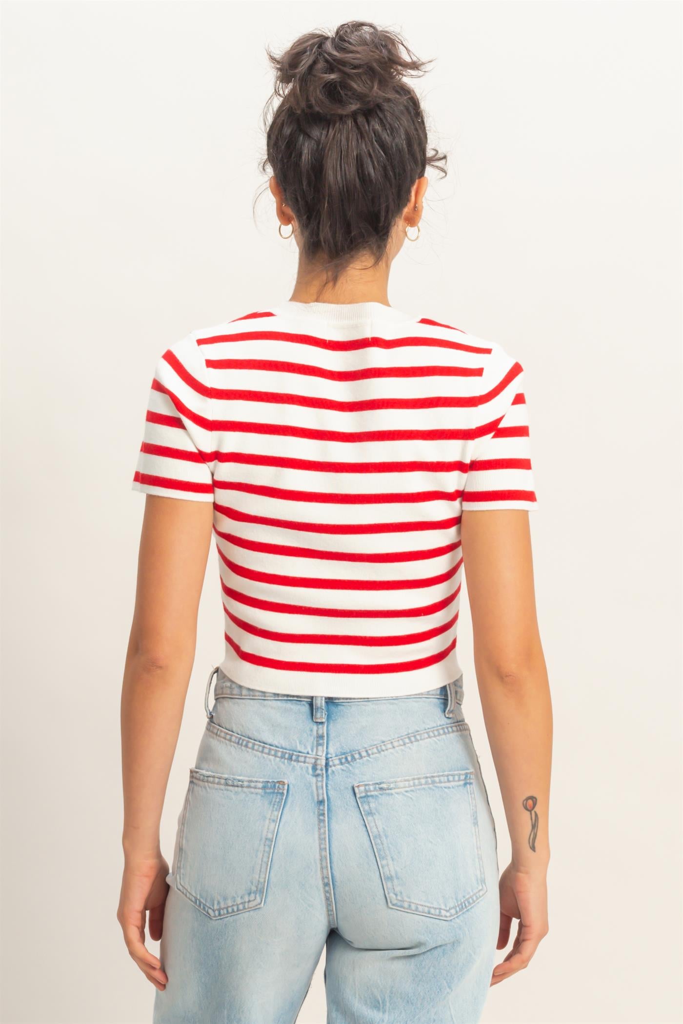 Wholesale Striped And Knit Crew Neck Crop Top Clothing Tops DZ26A139 RED DOUBLE ZERO