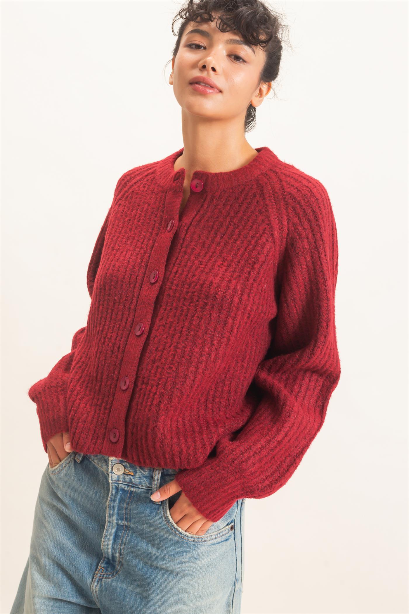 Wholesale Ribbed Button Front Cardigan Cardigans DZ26E109 BURGUNDY DOUBLE ZERO