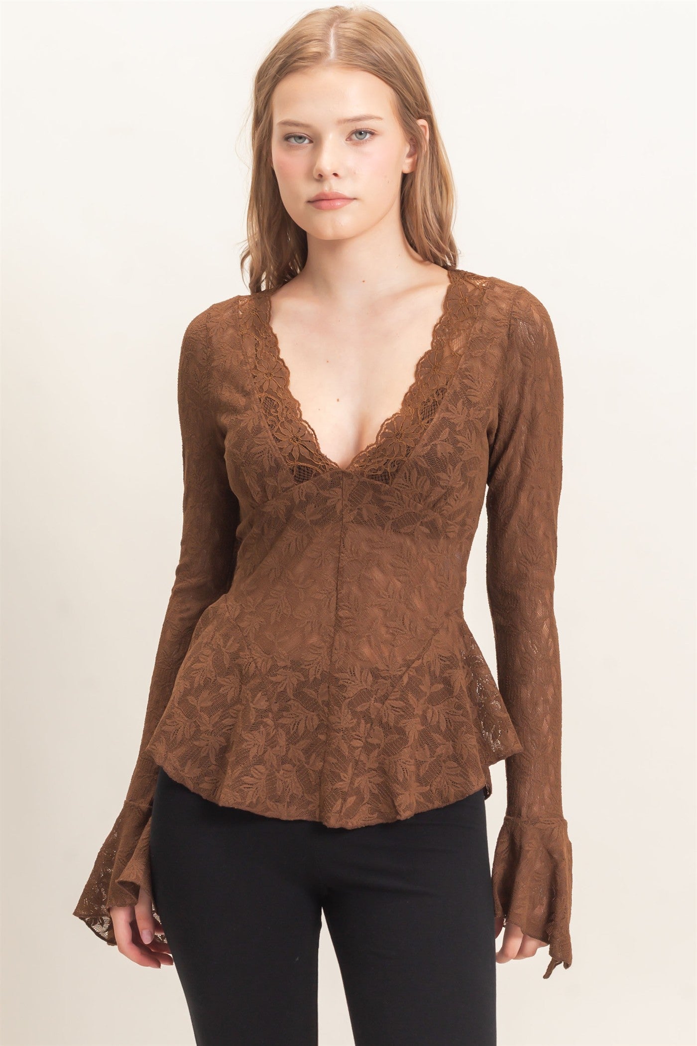 Wholesale Lace V-Neck Flare Sleeve Top Clothing Tops HF26E359 BROWN HYFVE