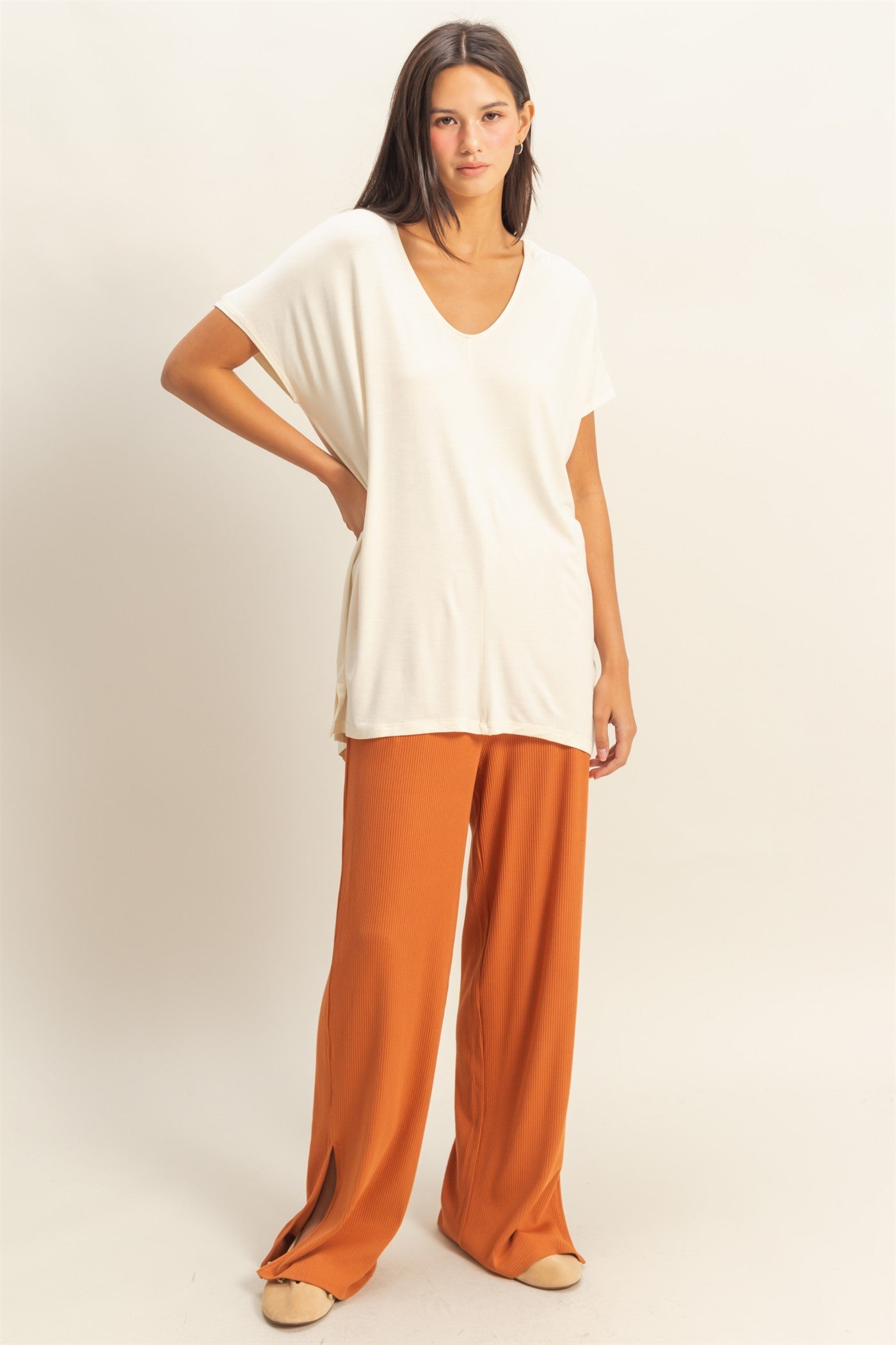 Wholesale Loose Fit Tunic High Low Top Clothing Tops DZ23F046 CREAM DOUBLE ZERO