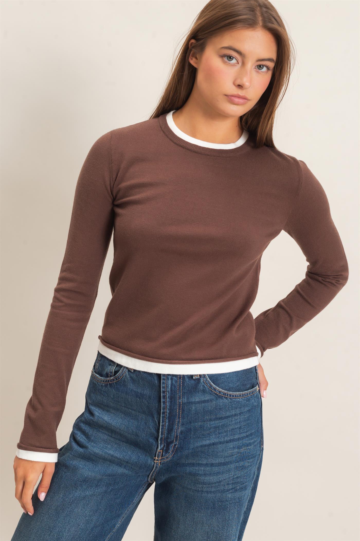Wholesale Layer Effect Long Sleeve Knit Top Clothing Tops DZ26F394 DARK BROWN DOUBLE ZERO