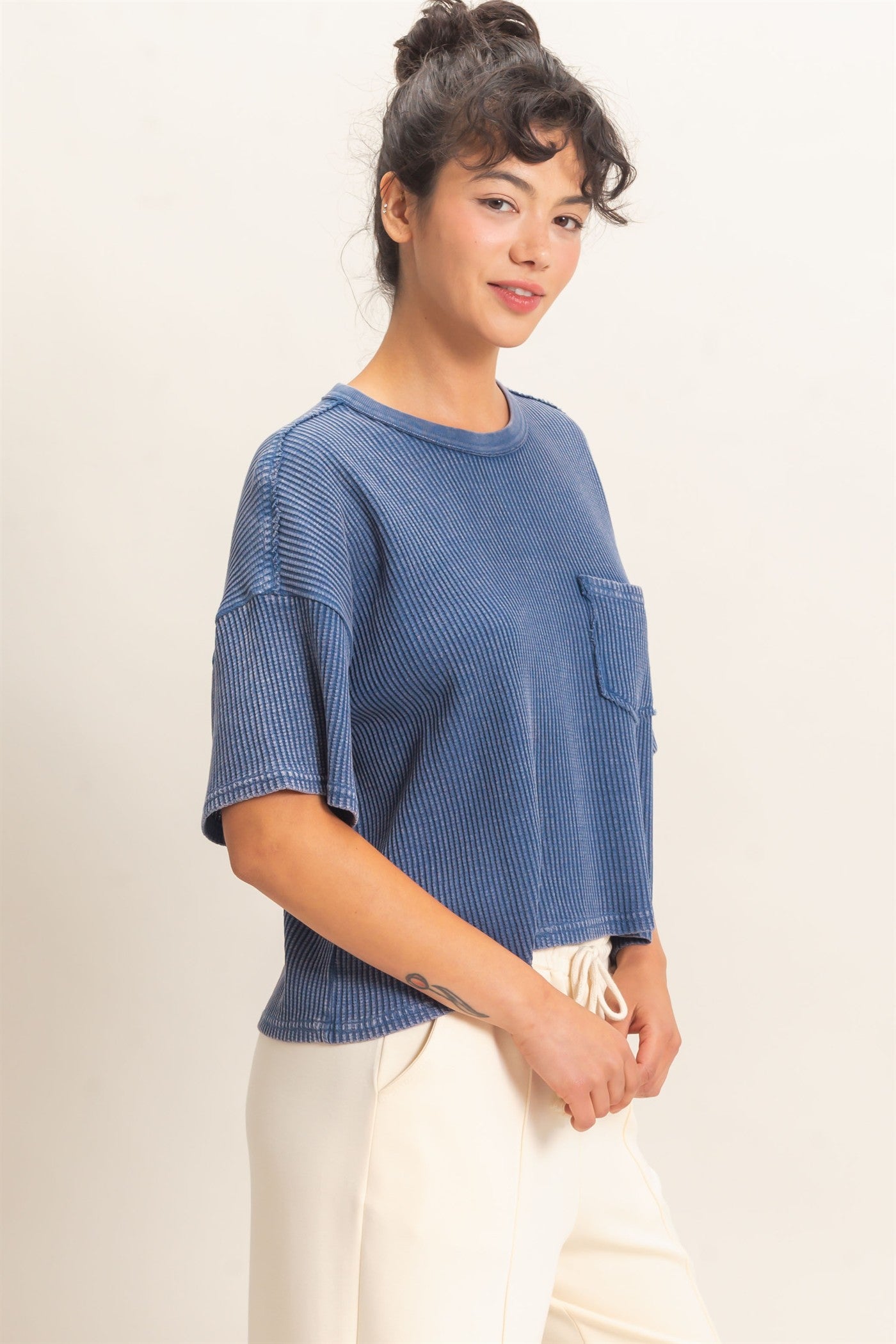 Wholesale Mineral Wash Waffle Knit Pocket Top Clothing Tops DZ26E222 NAVY DOUBLE ZERO