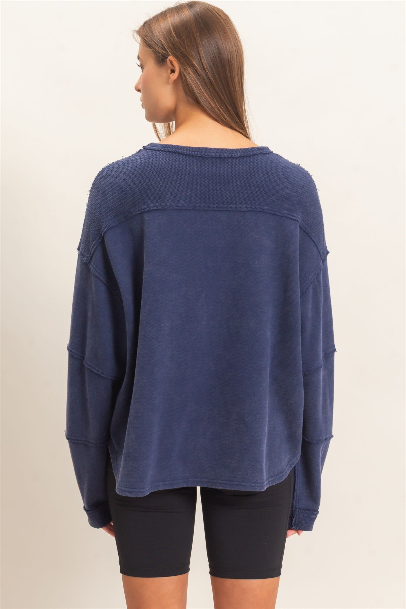 Wholesale Mineral Wash Overzised Raw Edge Crew Neck Top Clothing Tops DZ26E449 NAVY DOUBLE ZERO