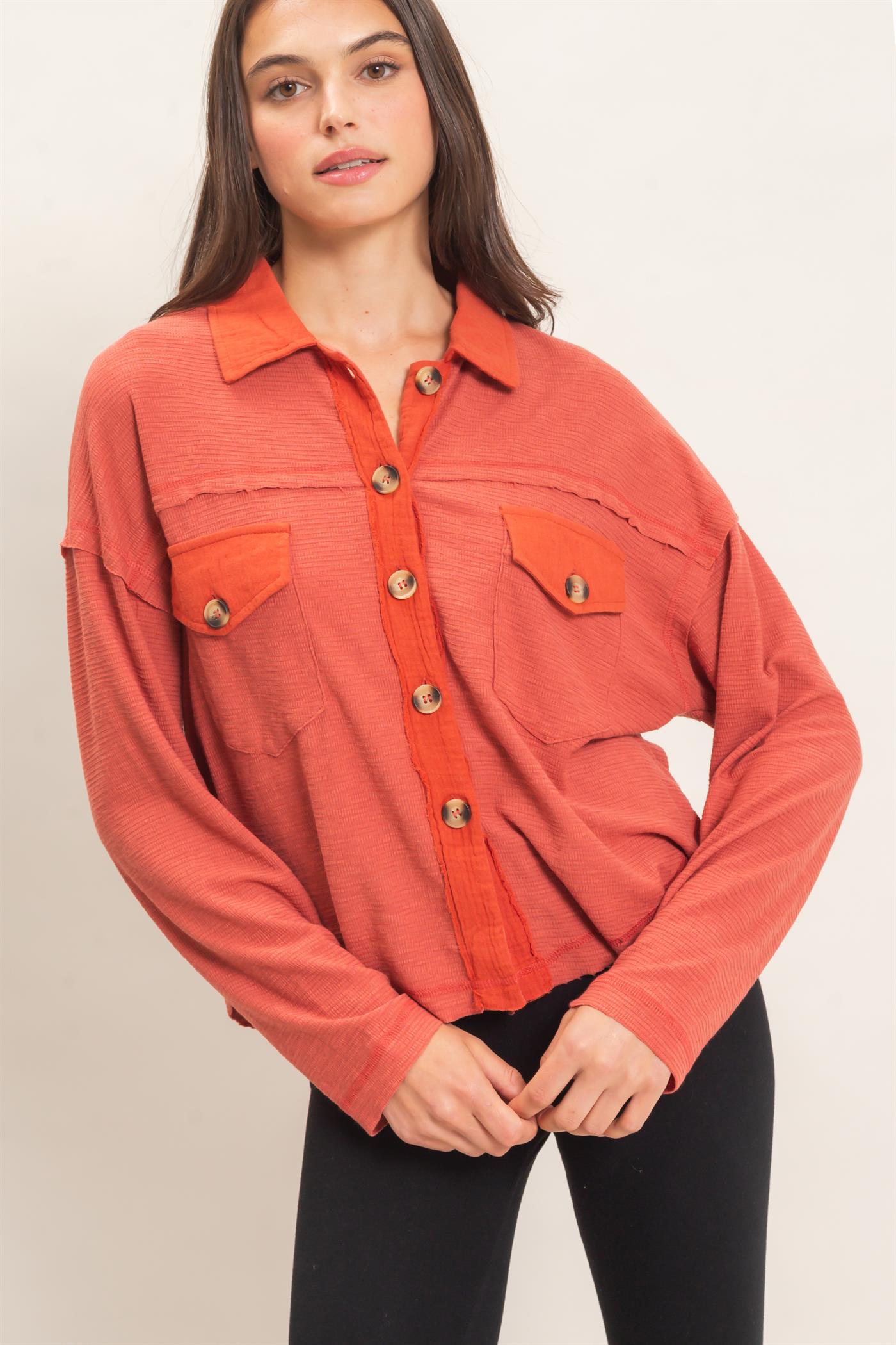 Wholesale Textured Button-Up Shirt Clothing Tops HF26C878 BRICK HYFVE