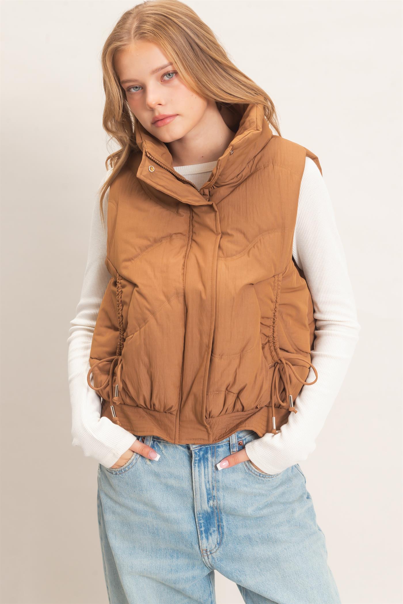 Wholesale Quilted Funnel Neck Puffer Vest Vests HF26F168 BROWN HYFVE