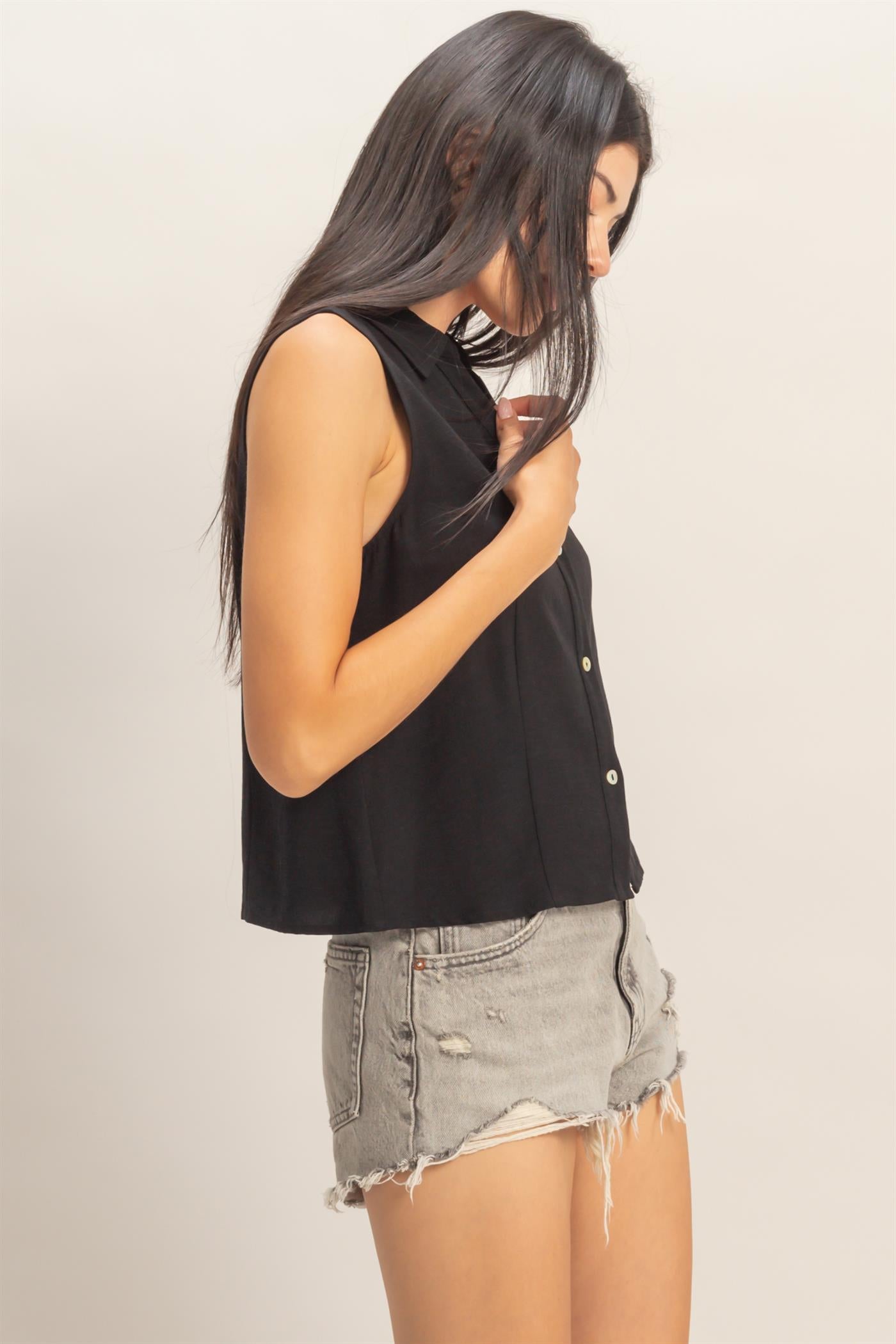 Wholesale Sleeveless Lyocell Linen Button Front Top Clothing Tops DZ26C189 BLACK DOUBLE ZERO