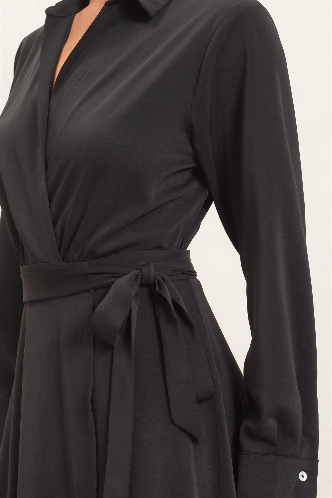 Wholesale Collared Wrap Shirt Dress Dresses HF25E869 BLACK HYFVE